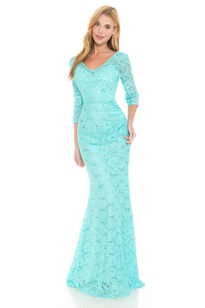 Sequin Lace Fitted 3/4 Sleeve Gown by Lenovia 5223