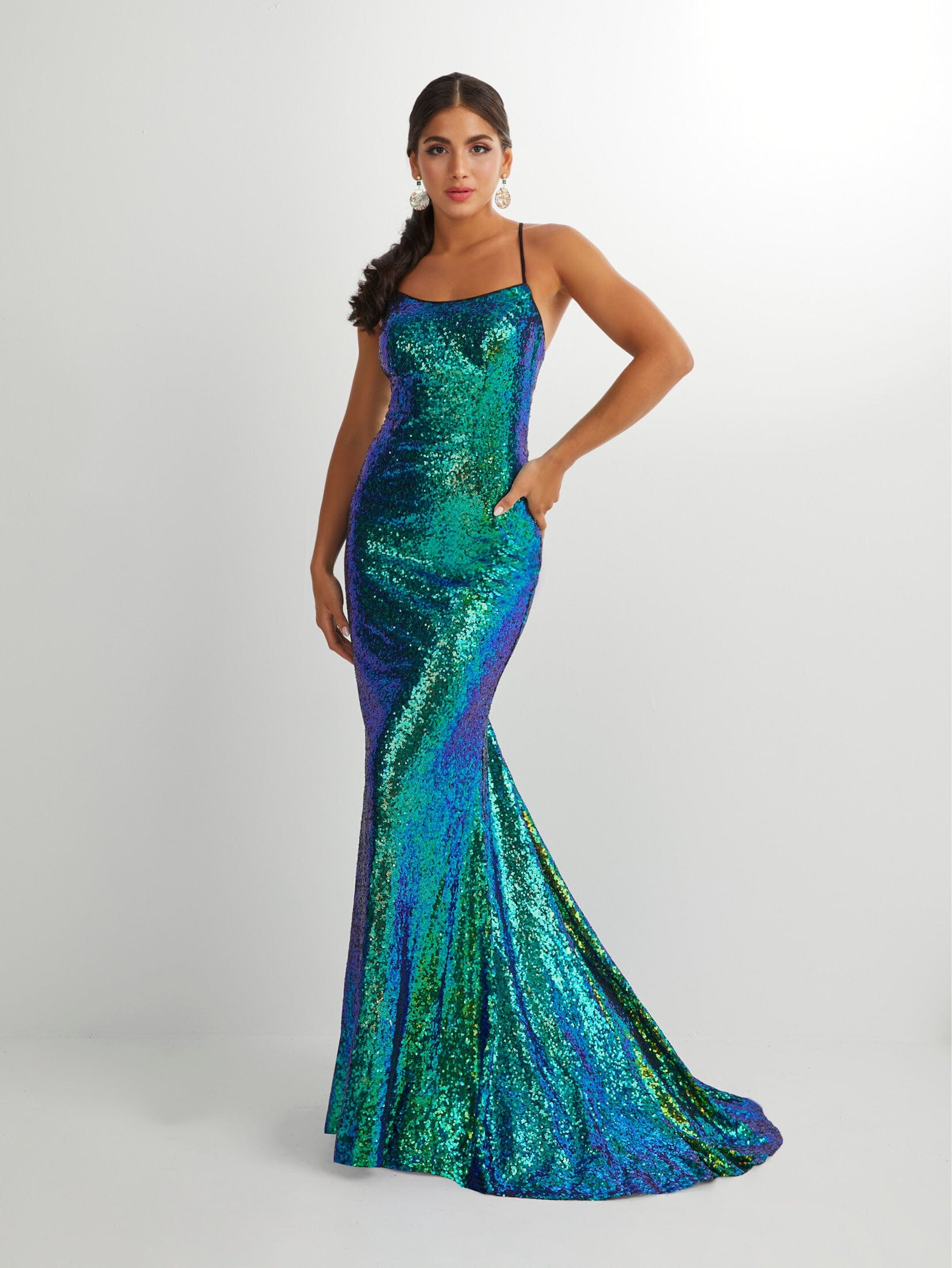 Iridescent Sequin Sleeveless Mermaid Dress by Studio 17 12914 8 / Green Multi Iridescent Sequin Sleeveless Mermaid Dress by Studio 17 12914 8 / Green Multi