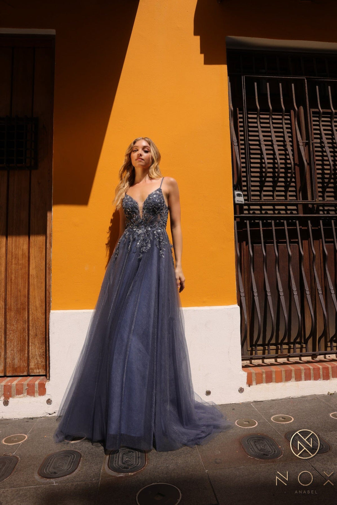 Lace Applique Sleeveless Tulle Gown by Nox Anabel Q1391