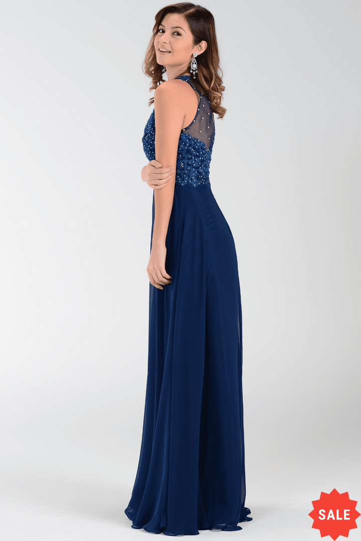 Long Chiffon Dress with Lace Applique Top by Poly USA 7454