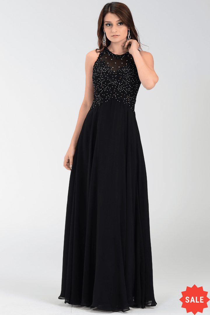 Long Chiffon Dress with Lace Applique Top by Poly USA 7454