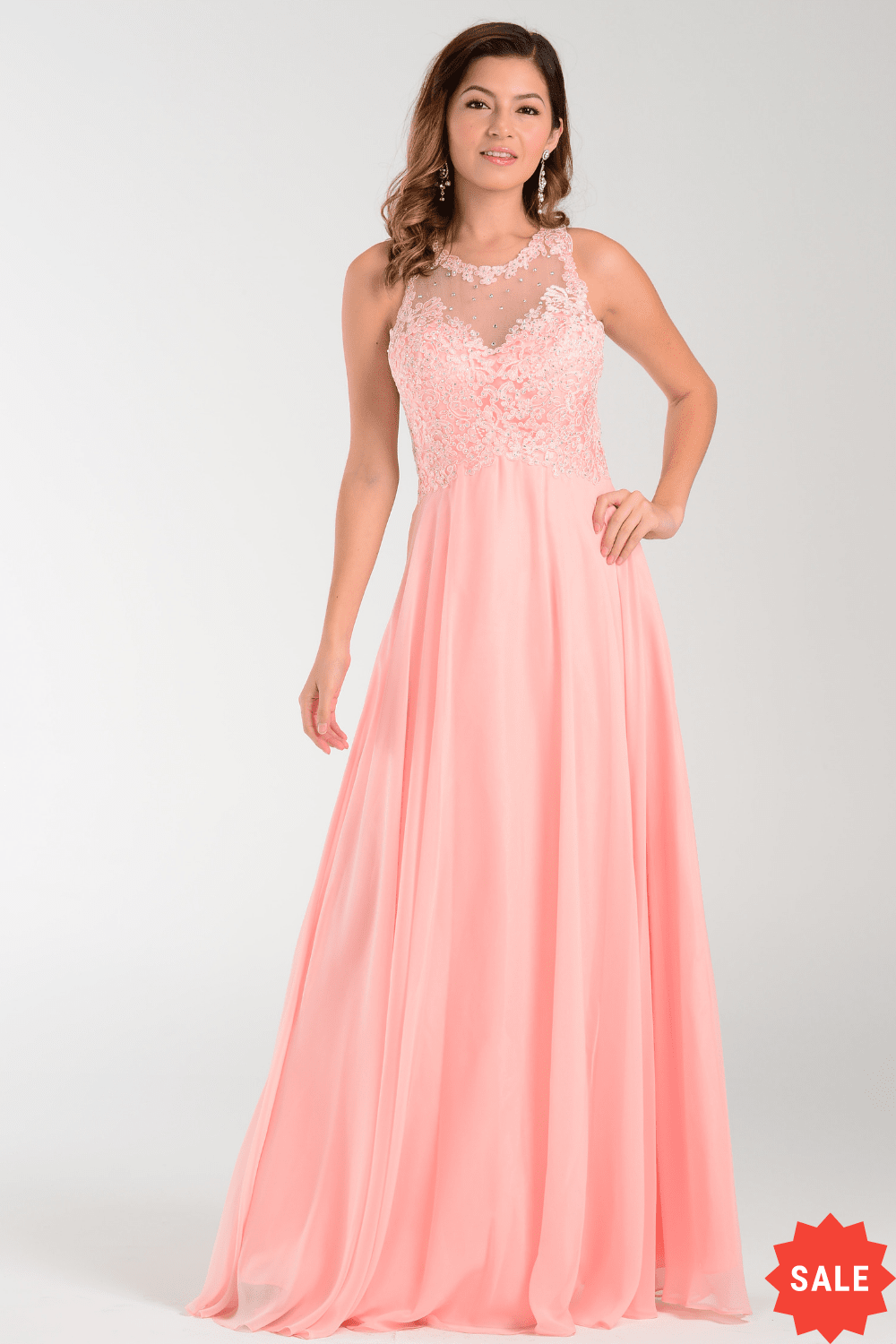 Long Chiffon Dress with Lace Applique Top by Poly USA 7454
