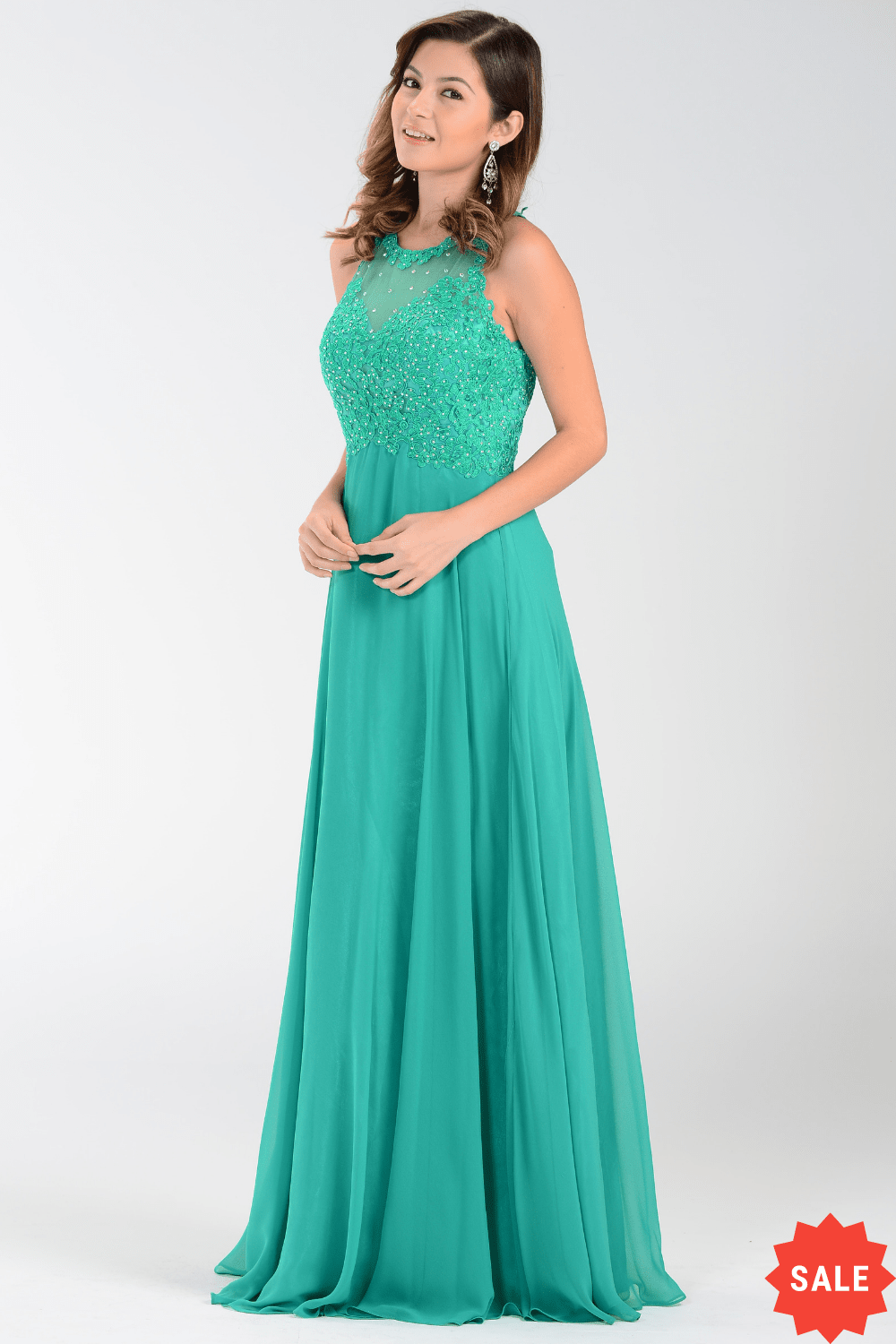 Long Chiffon Dress with Lace Applique Top by Poly USA 7454