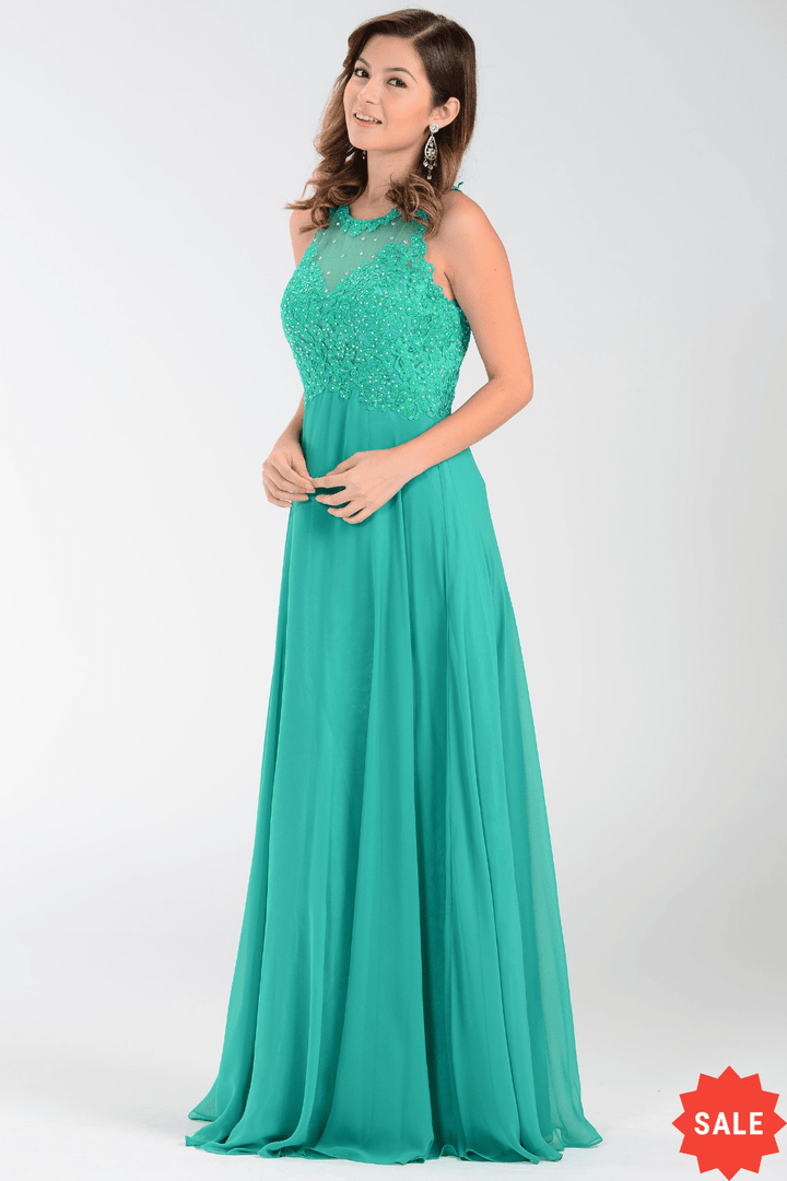 Long Chiffon Dress with Lace Applique Top by Poly USA 7454