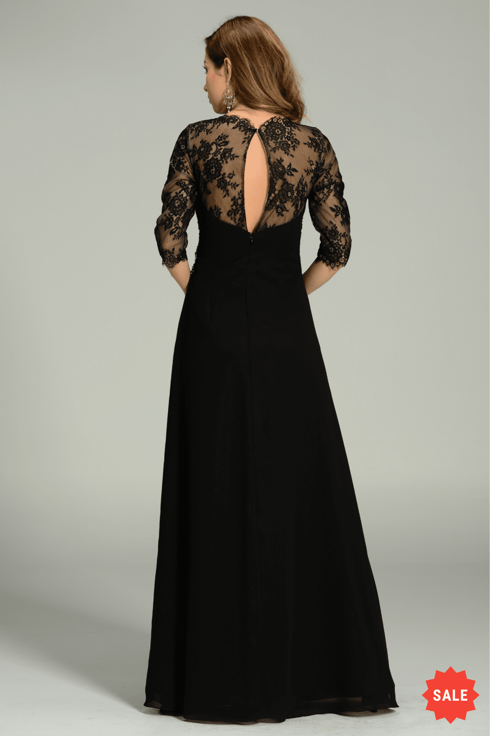 Long Chiffon Dress with Lace Sleeves by Poly USA 7210