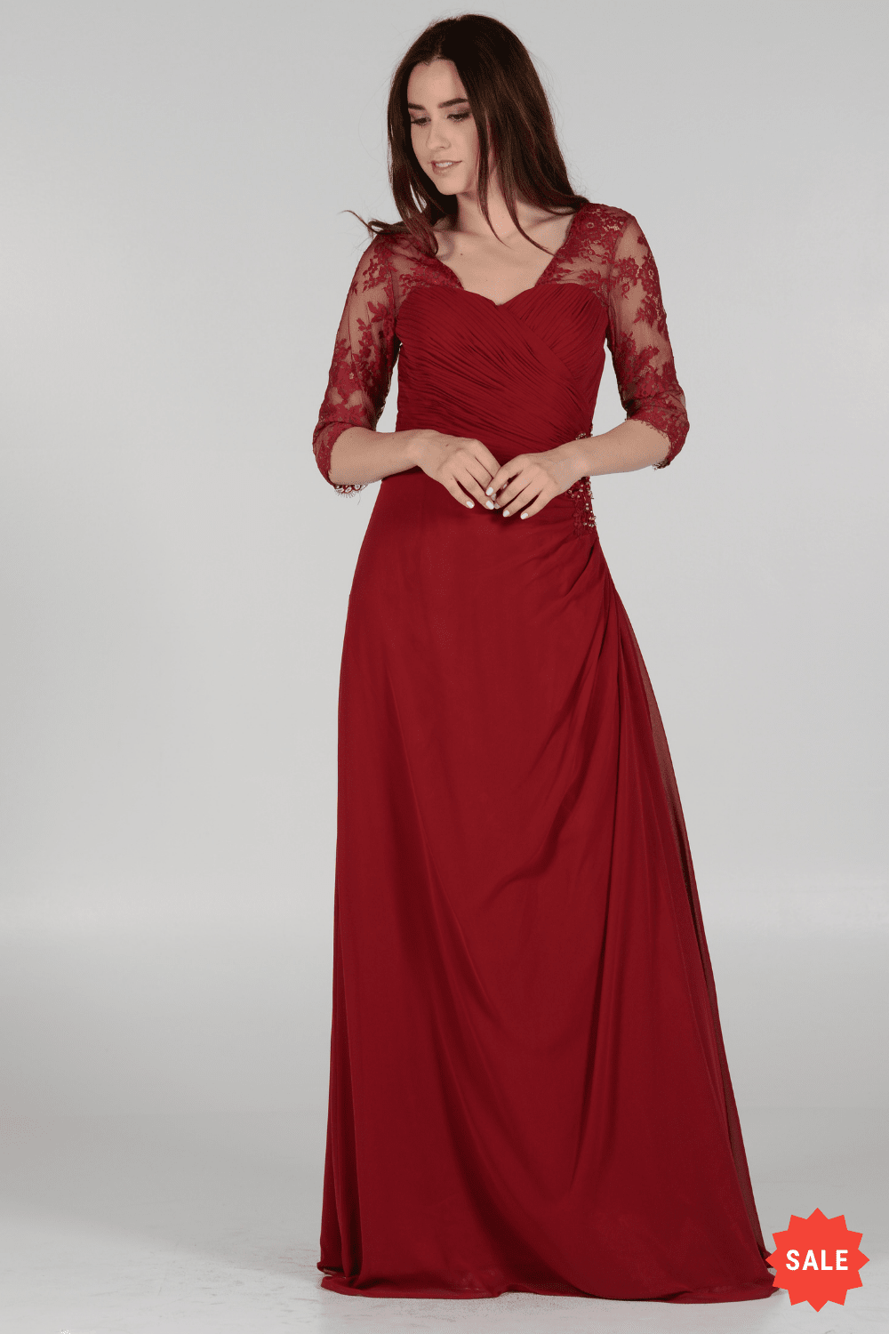 Long Chiffon Dress with Lace Sleeves by Poly USA 7210