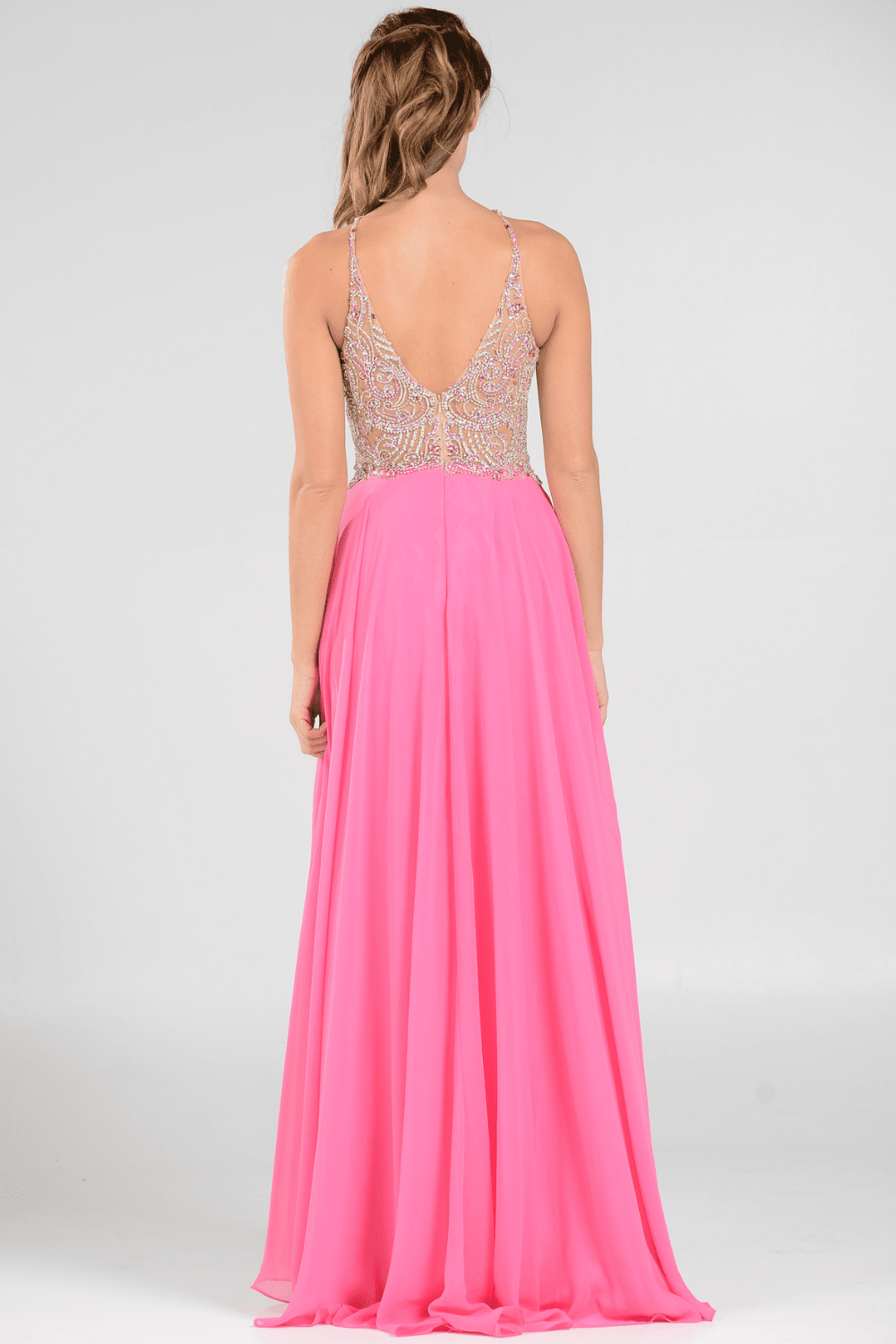 Long High Neck Dress with Beaded Illusion Bodice by Poly USA 7826
