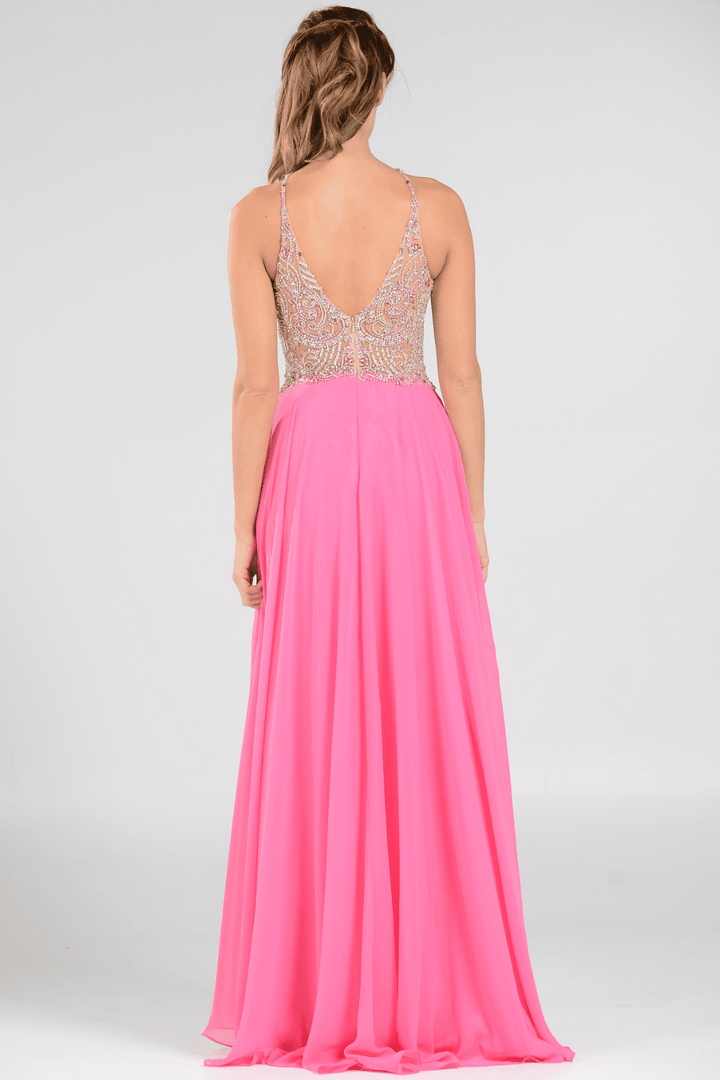 Long High Neck Dress with Beaded Illusion Bodice by Poly USA 7826