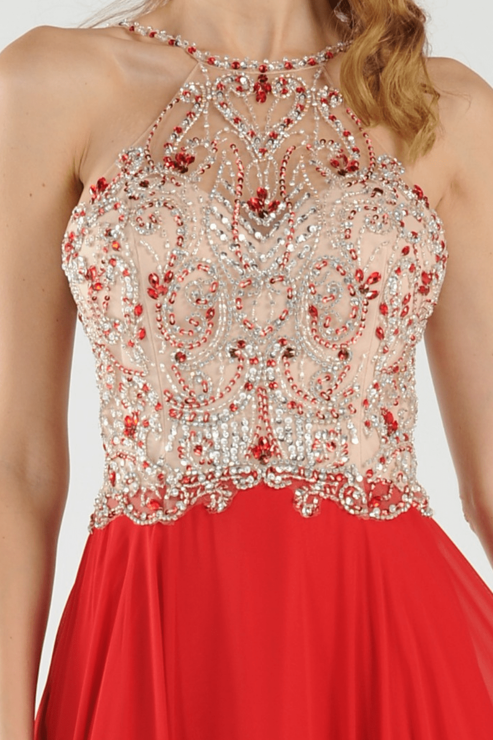 Long High Neck Dress with Beaded Illusion Bodice by Poly USA 7826