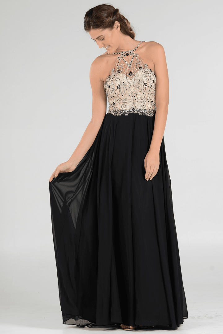 Long High Neck Dress with Beaded Illusion Bodice by Poly USA 7826