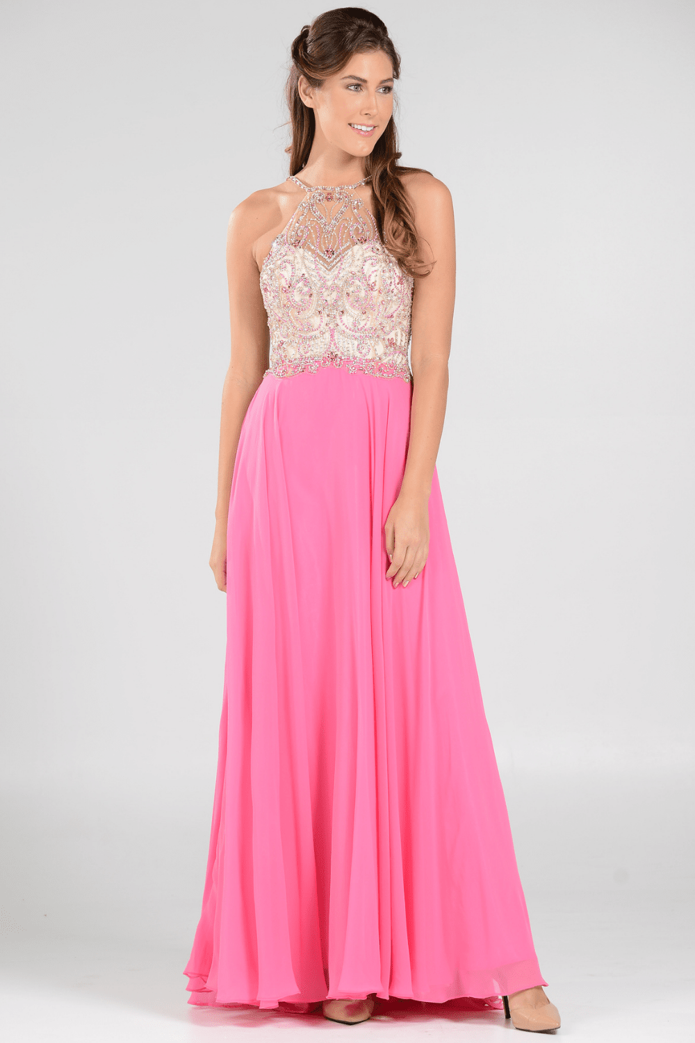 Long High Neck Dress with Beaded Illusion Bodice by Poly USA 7826 – ABC  Fashion