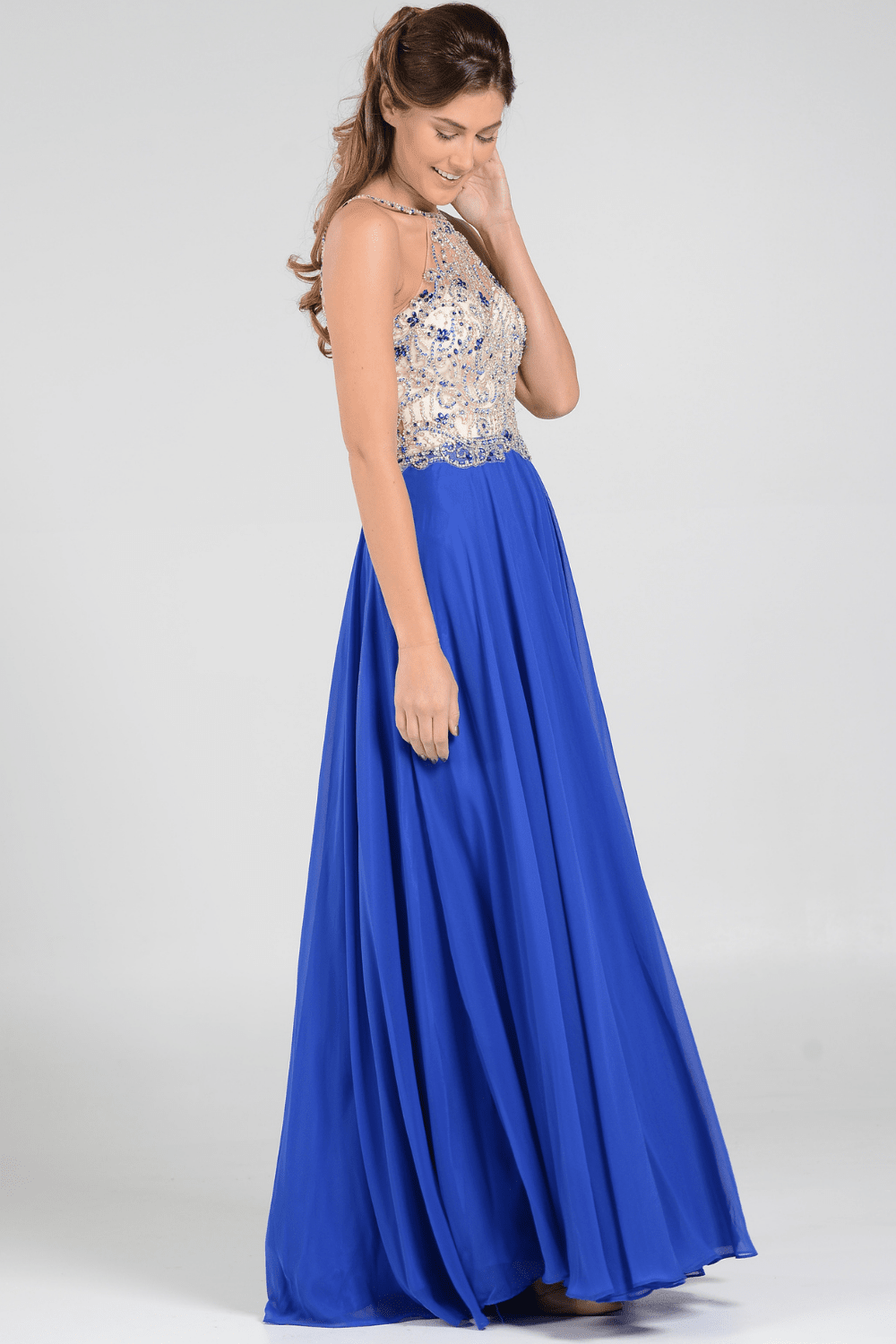 Long High Neck Dress with Beaded Illusion Bodice by Poly USA 7826