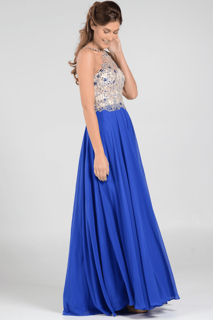 Long High Neck Dress with Beaded Illusion Bodice by Poly USA 7826