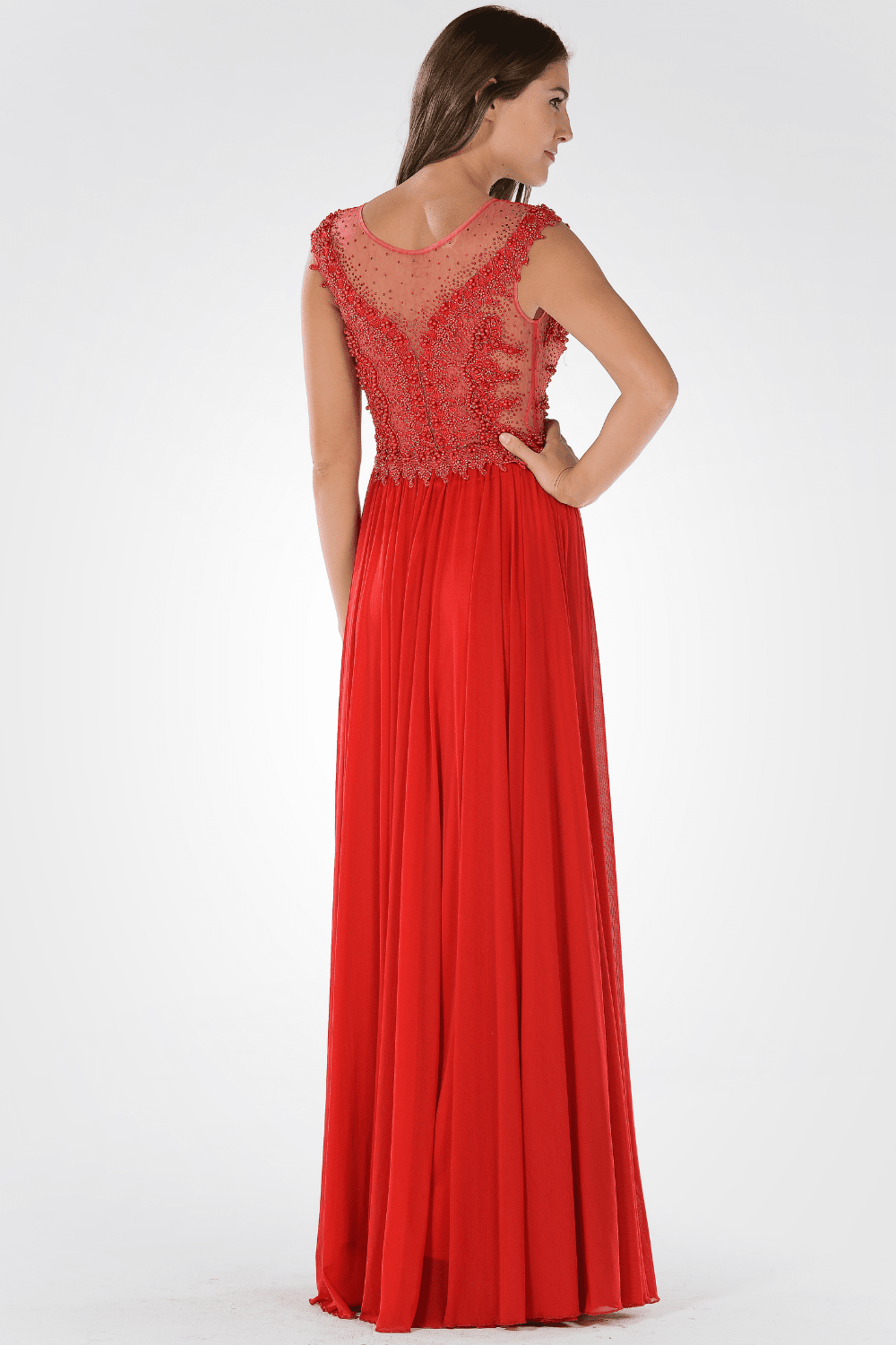 Long Illusion Dress with Beaded Bodice by Poly USA 7516