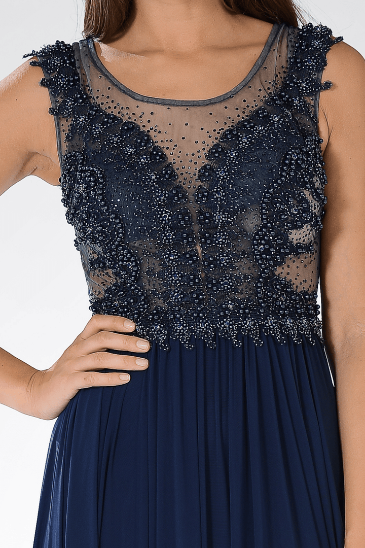 Long Illusion Dress with Beaded Bodice by Poly USA 7516