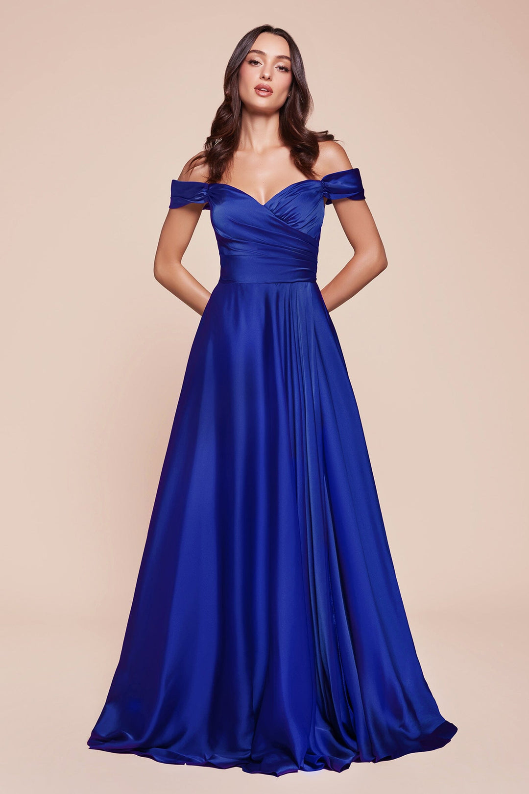 Long Off Shoulder A-line Satin Dress by Ladivine 7493