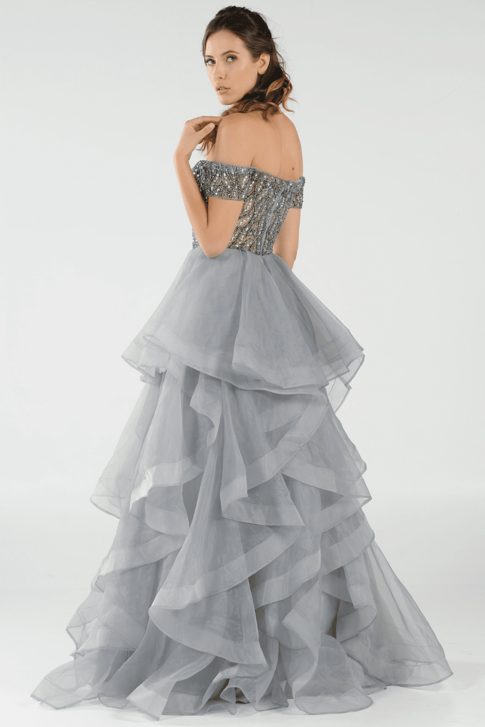 Long Off the Shoulder Dress with Tiered Skirt by Poly USA 8006