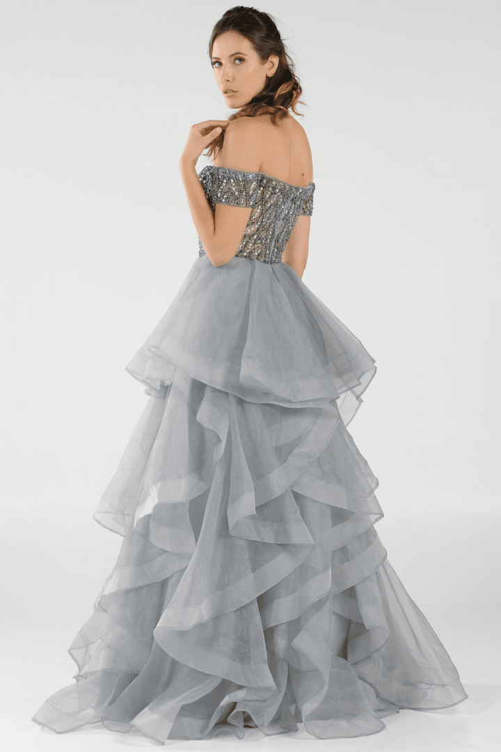 Long Off the Shoulder Dress with Tiered Skirt by Poly USA 8006