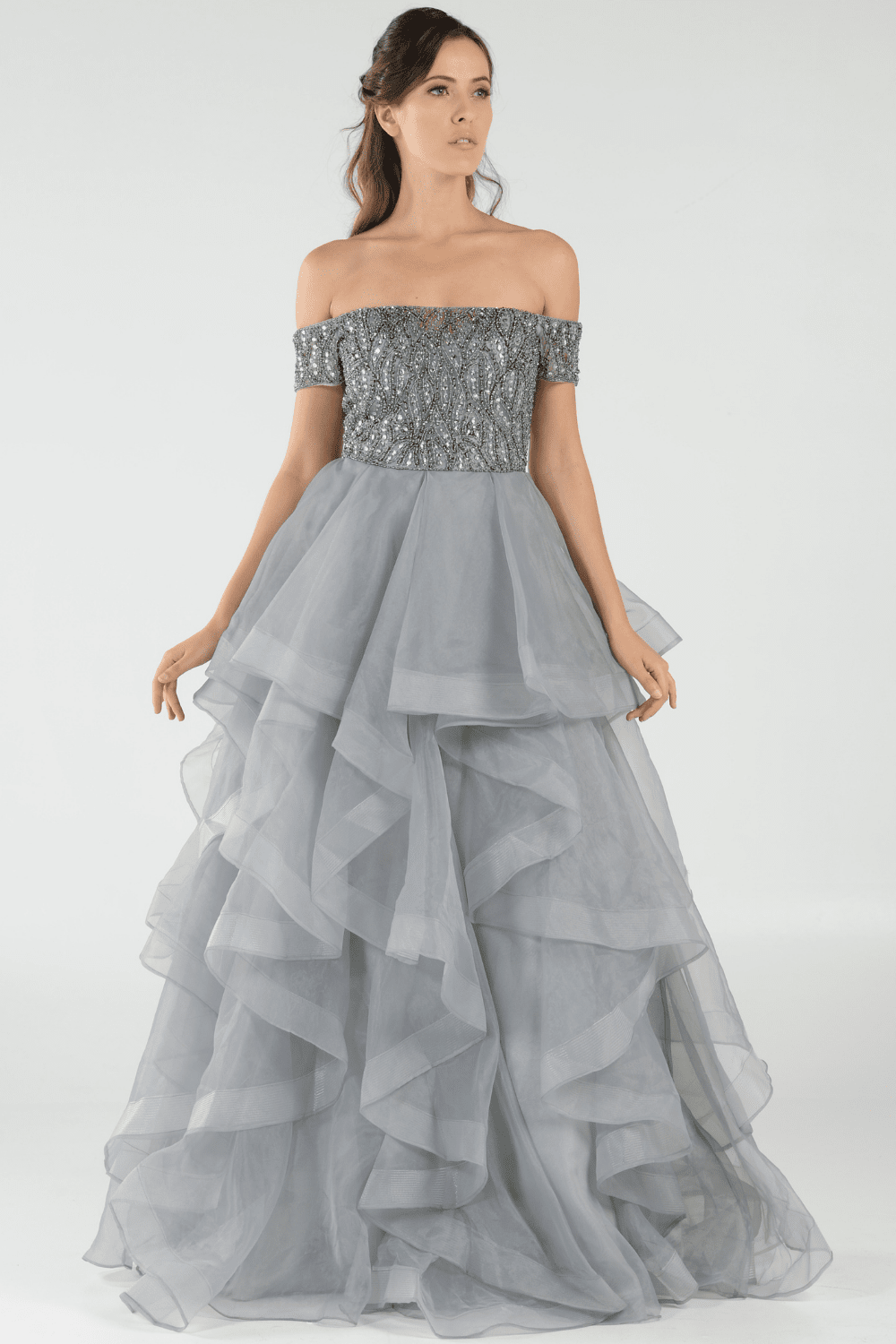 prom dress with layered skirt Juliet JT2664S Beaded Long Formal Fitted Ruffle Prom Dress
