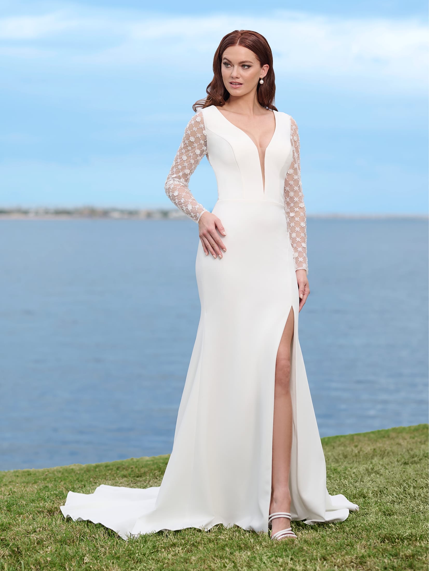 Stretch Crepe Gown With Beaded Lace Sleeves And Back In Ivory Nude