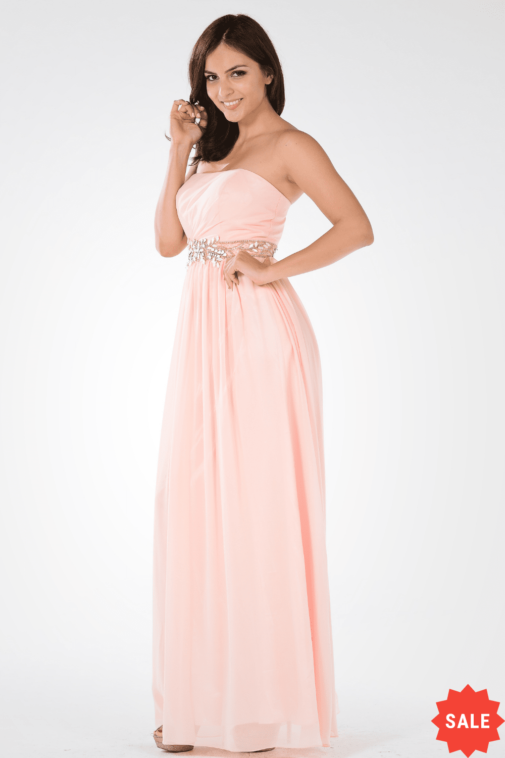 Long Strapless A-Line Open Back Gown By Poly USA 7698 M / Blush