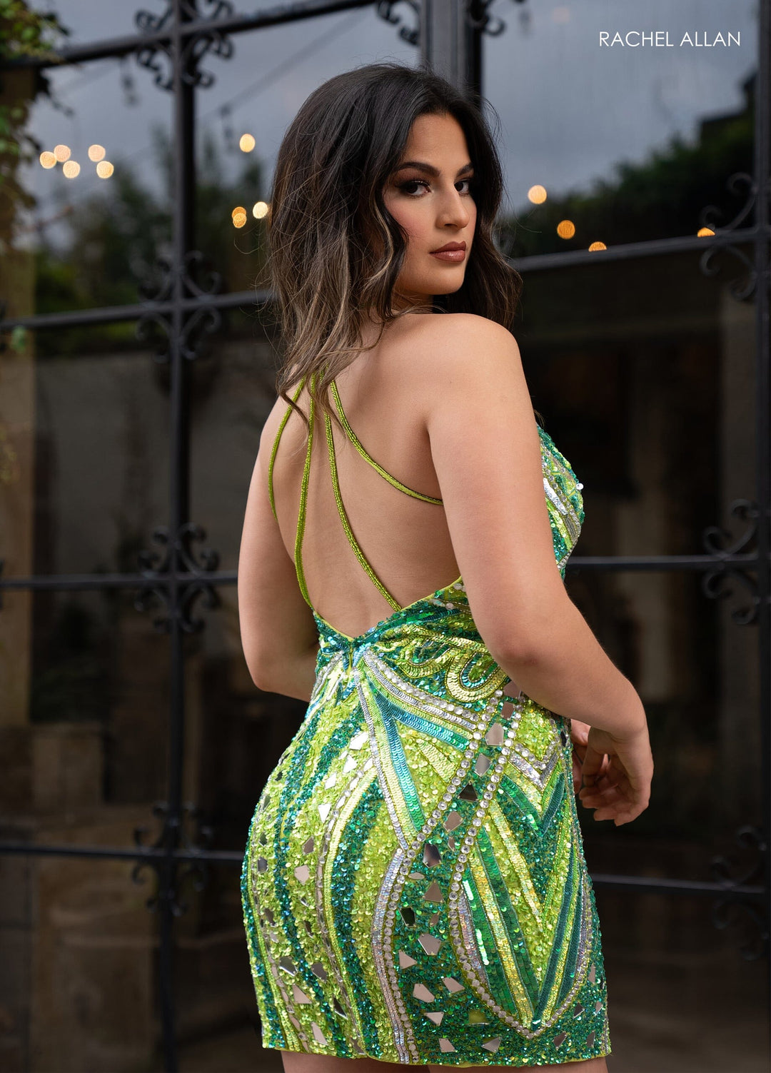 Mirror Beaded Short V-Neck Dress by Rachel Allan 40403