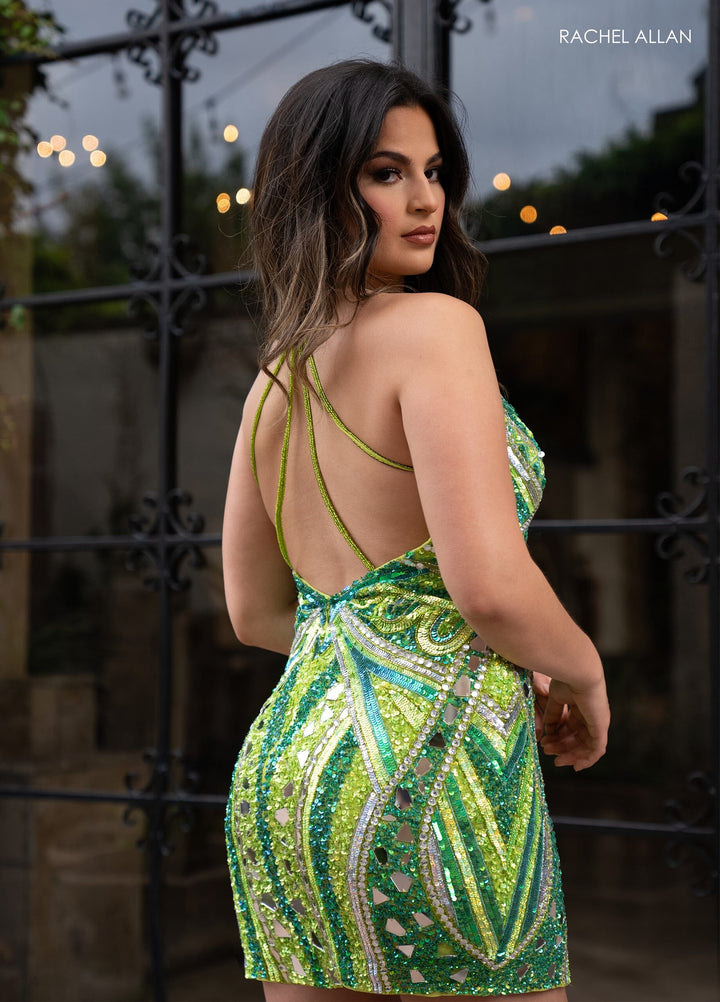 Mirror Beaded Short V-Neck Dress by Rachel Allan 40403