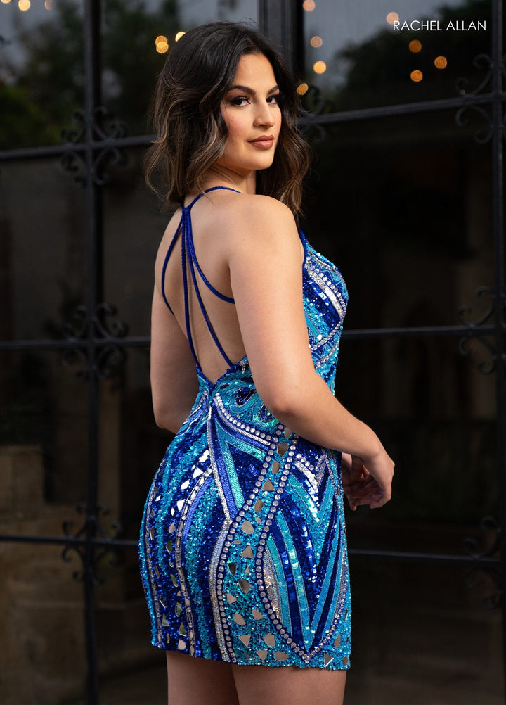 Mirror Beaded Short V-Neck Dress by Rachel Allan 40403