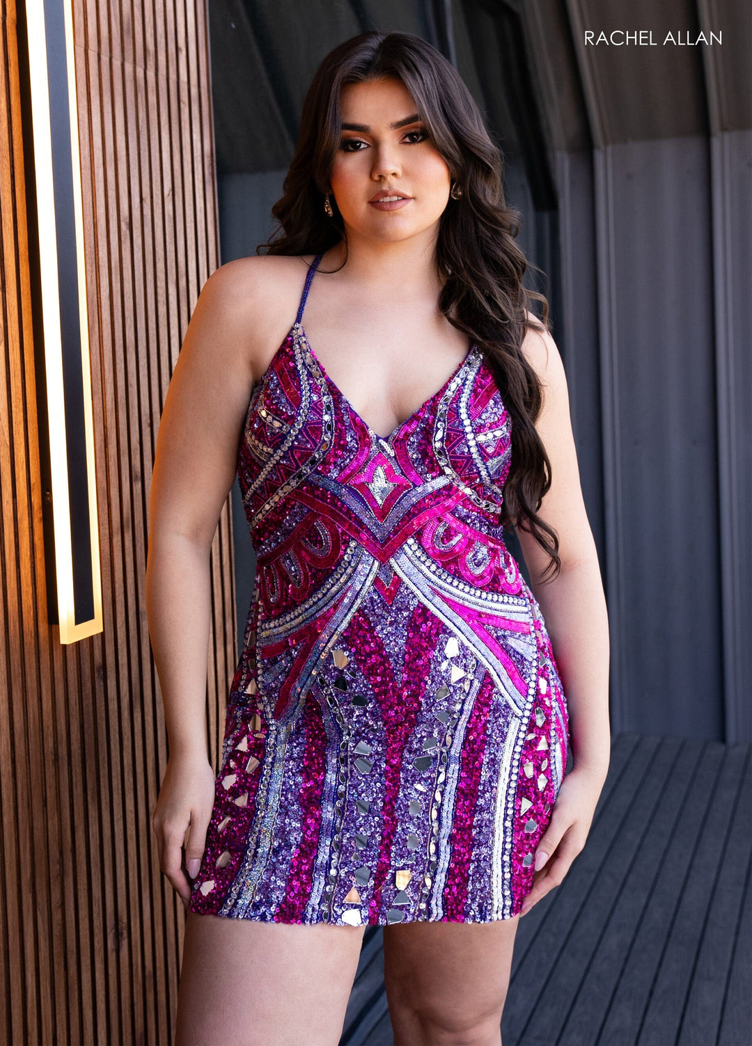 Mirror Beaded Short V-Neck Dress by Rachel Allan 40403