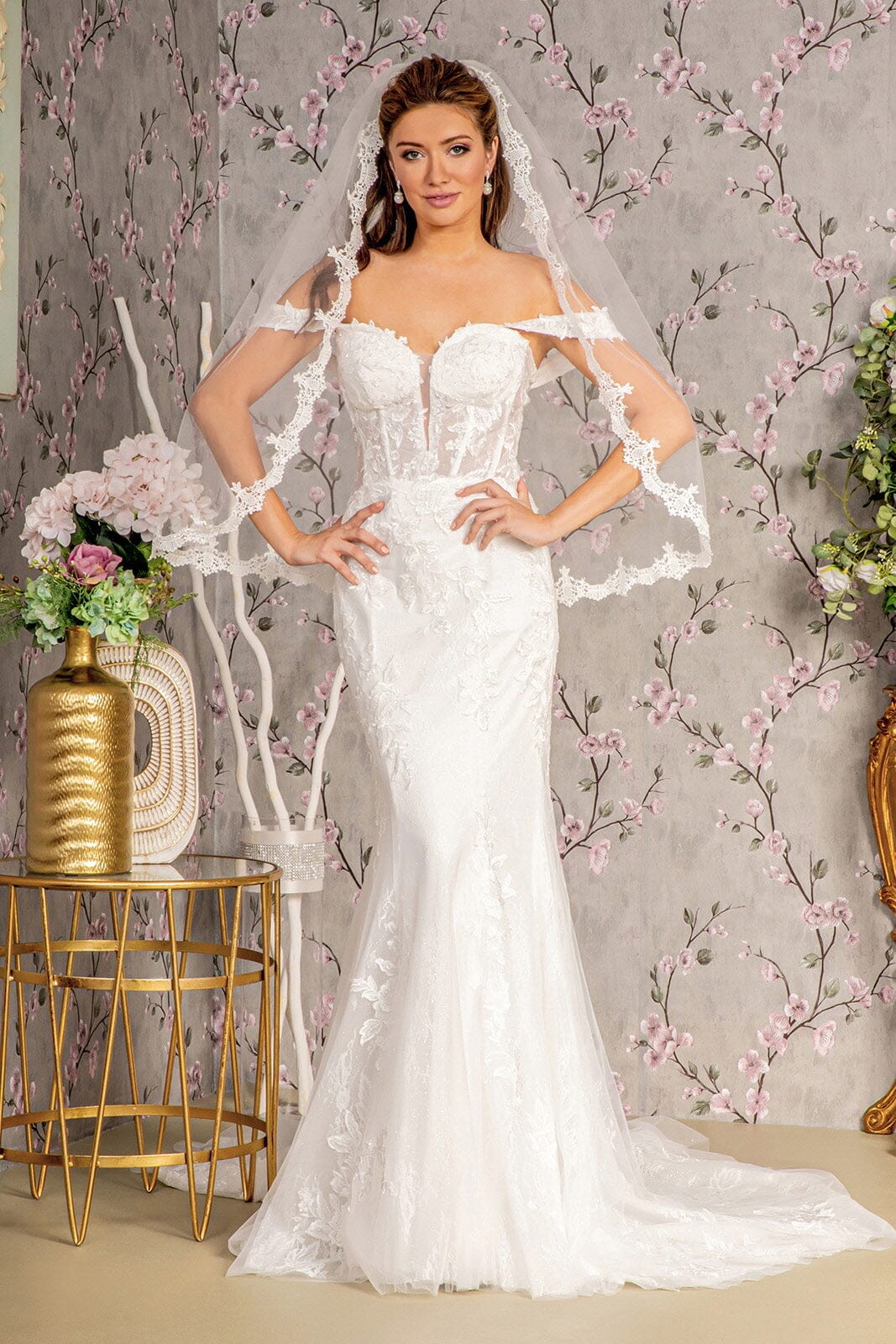 Off Shoulder Corset Bridal Mermaid Gown by GLS Gloria GL3488 XL / White Off Shoulder Corset Bridal Mermaid Gown by GLS Gloria GL3488 XL / White