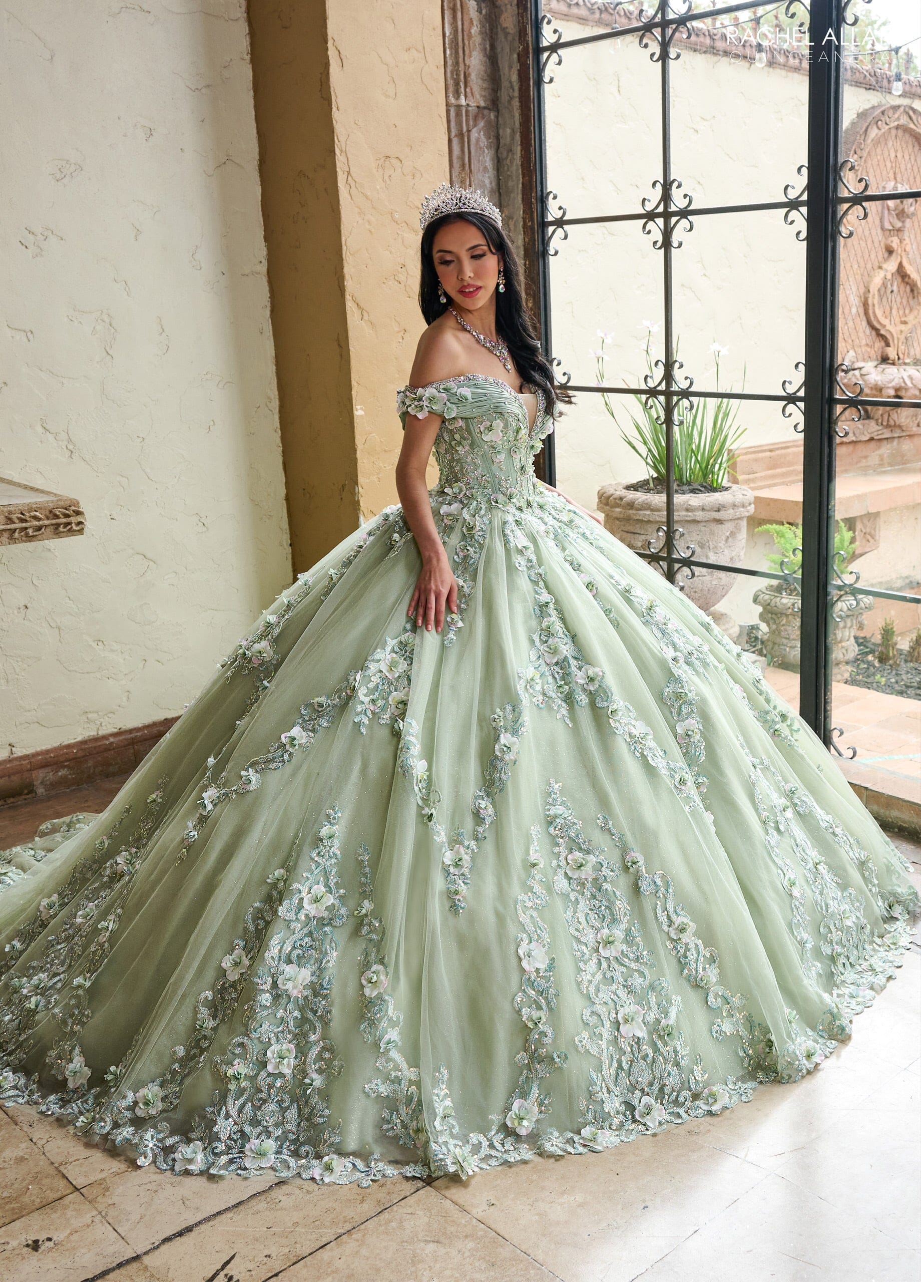 Off Shoulder Quinceanera Dress by Rachel Allan RQ2204 20W / Sage Off Shoulder Quinceanera Dress by Rachel Allan RQ2204 20W / Sage
