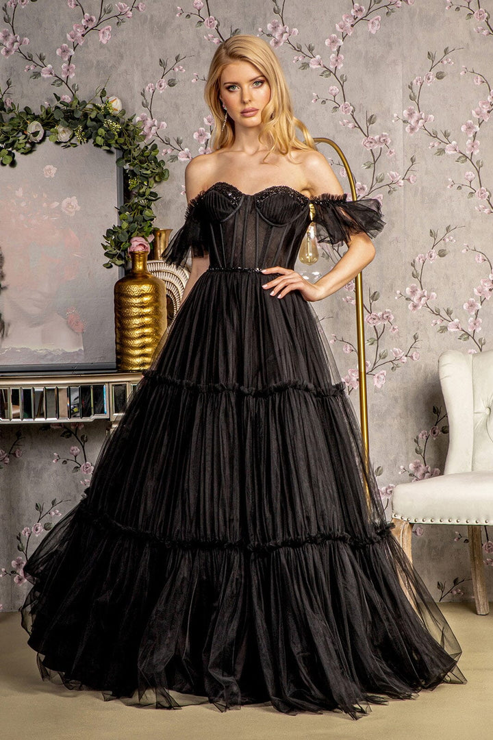 Off Shoulder Sheer Corset Tiered Gown by GLS Gloria GL3453