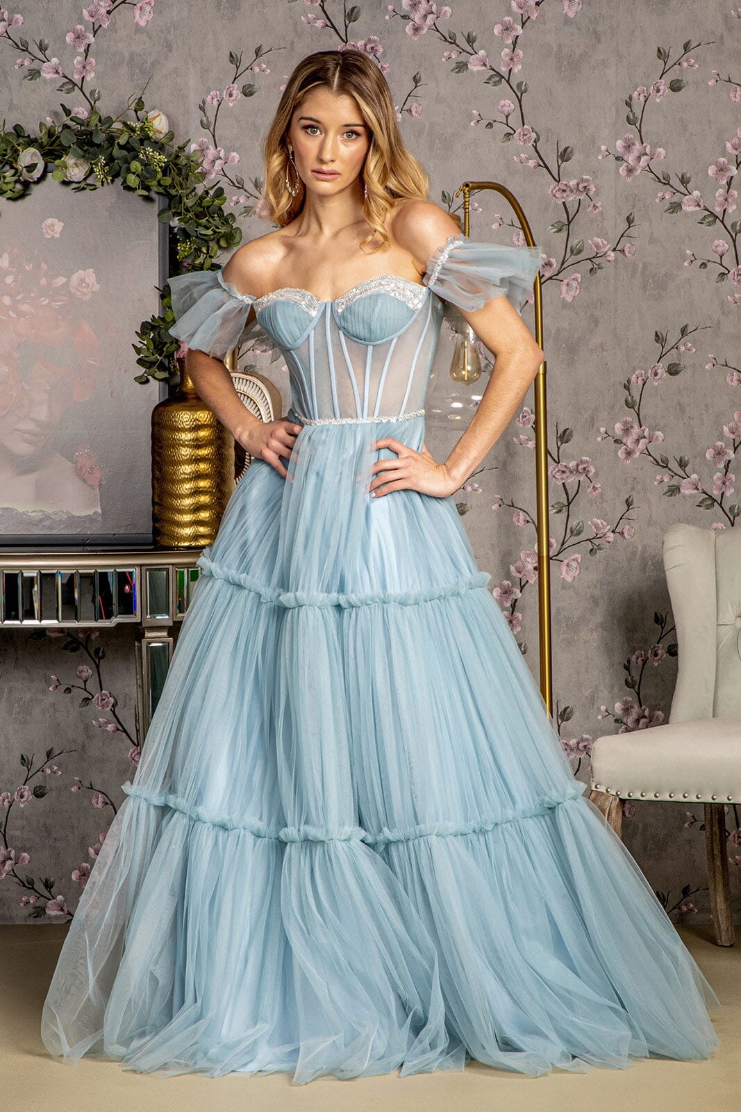 Off Shoulder Sheer Corset Tiered Gown by GLS Gloria GL3453 L / Smoky Blue Off Shoulder Sheer Corset Tiered Gown by GLS Gloria GL3453 L / Smoky Blue