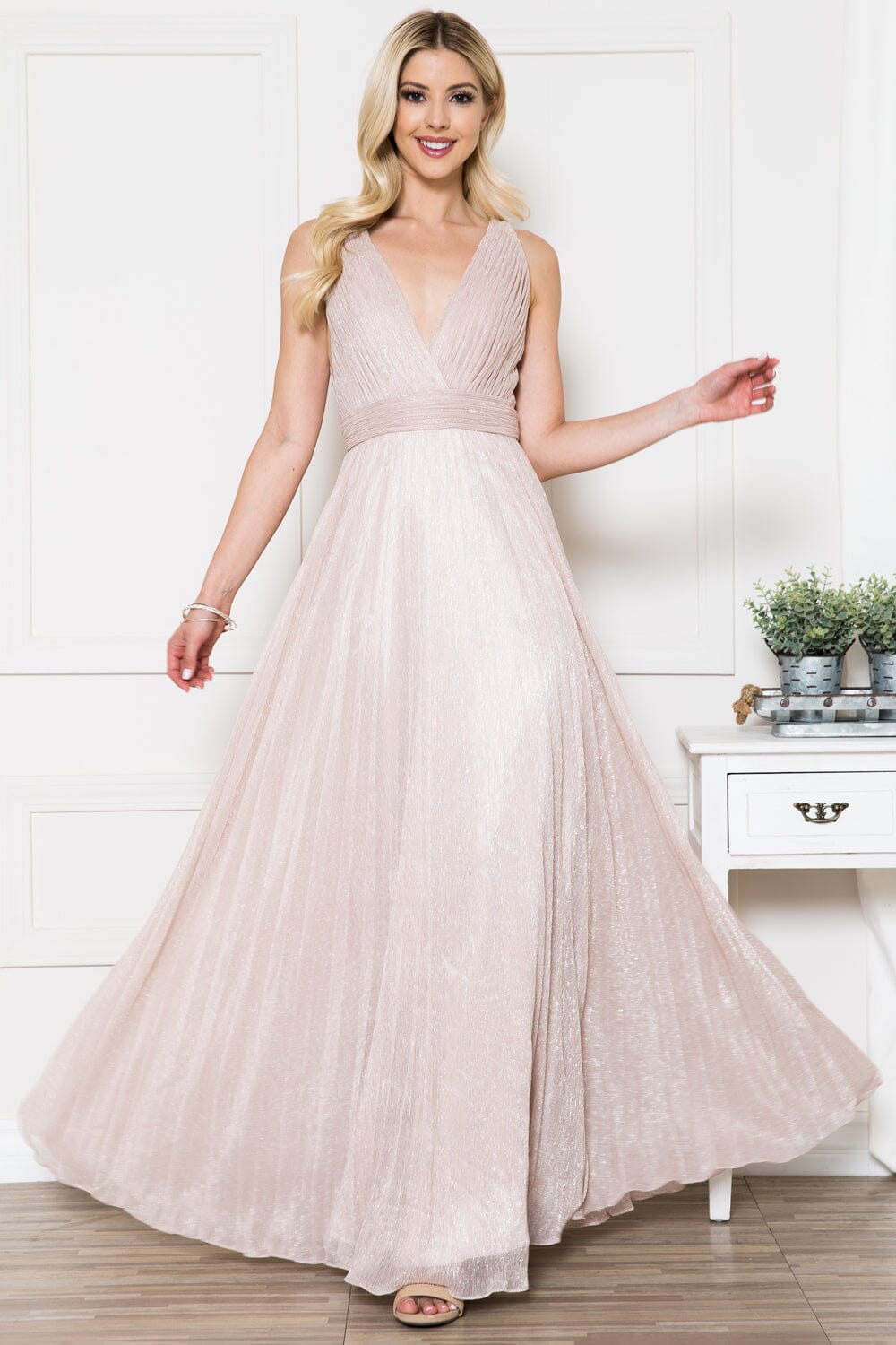 strapless open back dress Pleated Metallic V-Neck Gown by Amelia Couture L598 4 / Light Pink