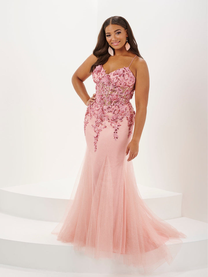 Plus Size Applique Sheer Corset Gown by Tiffany Designs 16133