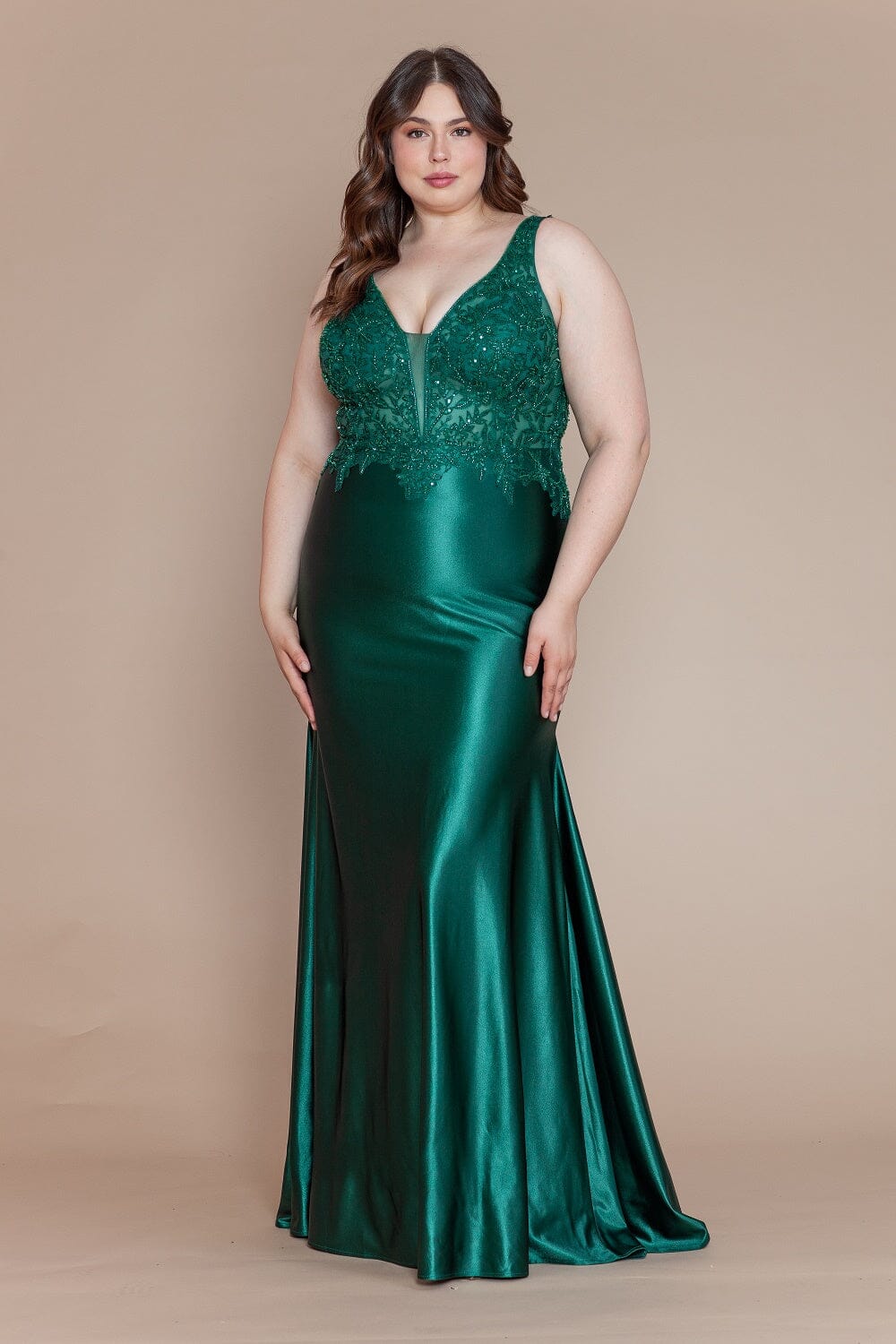 slim fit dress slacks Shop La Femme 32199 V-Neck Neckline Zipper Back Sequin Fitted Evening Dress  – B Chic Fashions main image 1