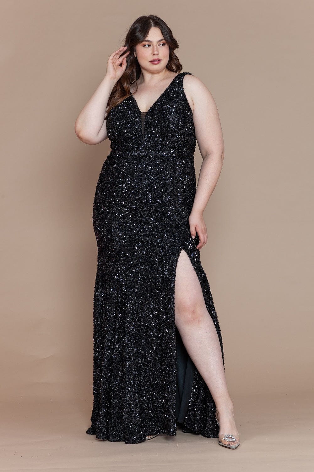 Poly USA W1122 Plus Size Fitted Sleeveless Sequin Slit Gown | FormalDressShops Black / 16W Poly USA W1122 Plus Size Fitted Sleeveless Sequin Slit Gown | FormalDressShops Black / 16W