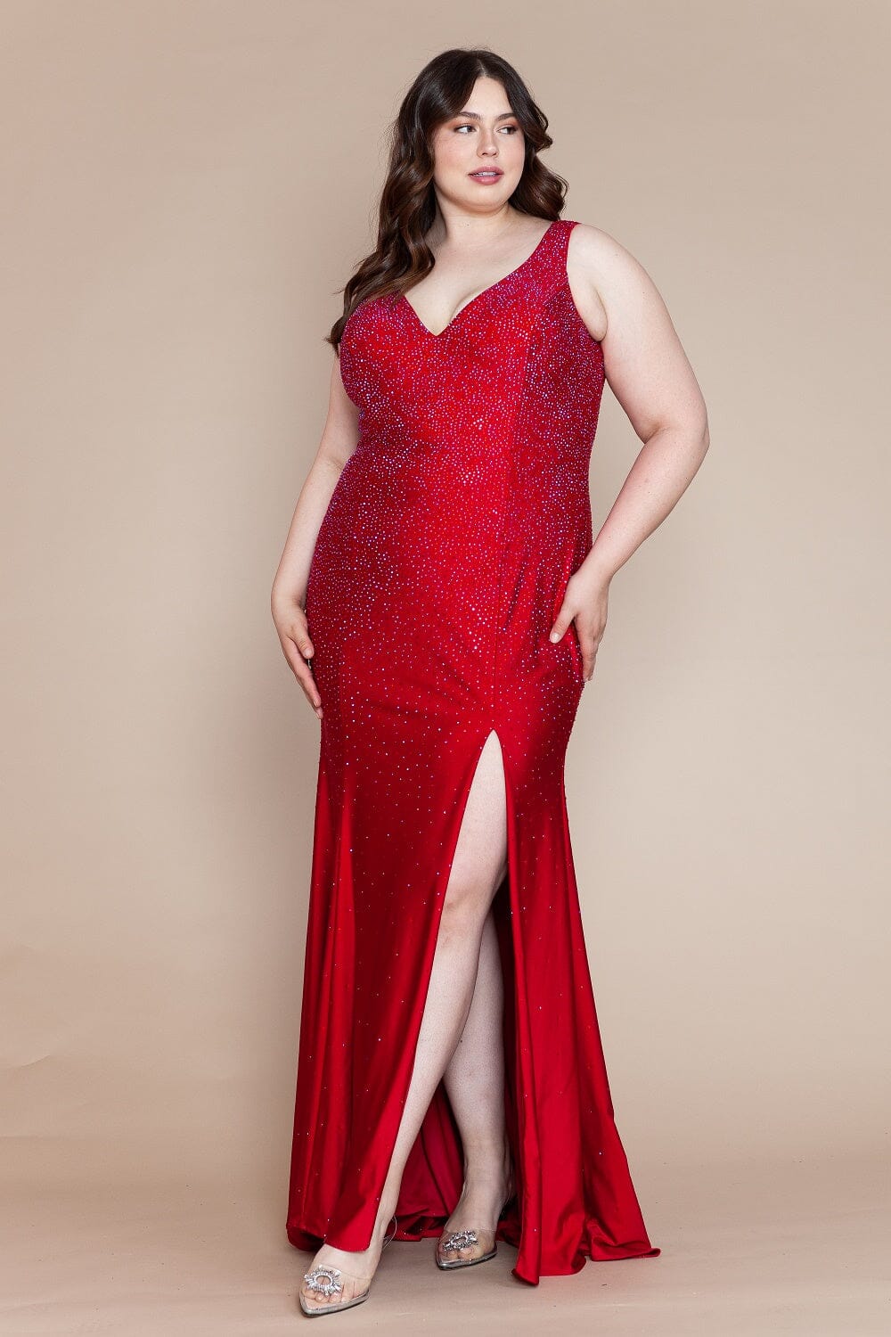 Plus Size Fitted V-Neck Rhinestone Gown by Poly USA W1116 ABC Fashion Plus Size Fitted V-Neck Rhinestone Gown by Poly USA W1116 ABC Fashion
