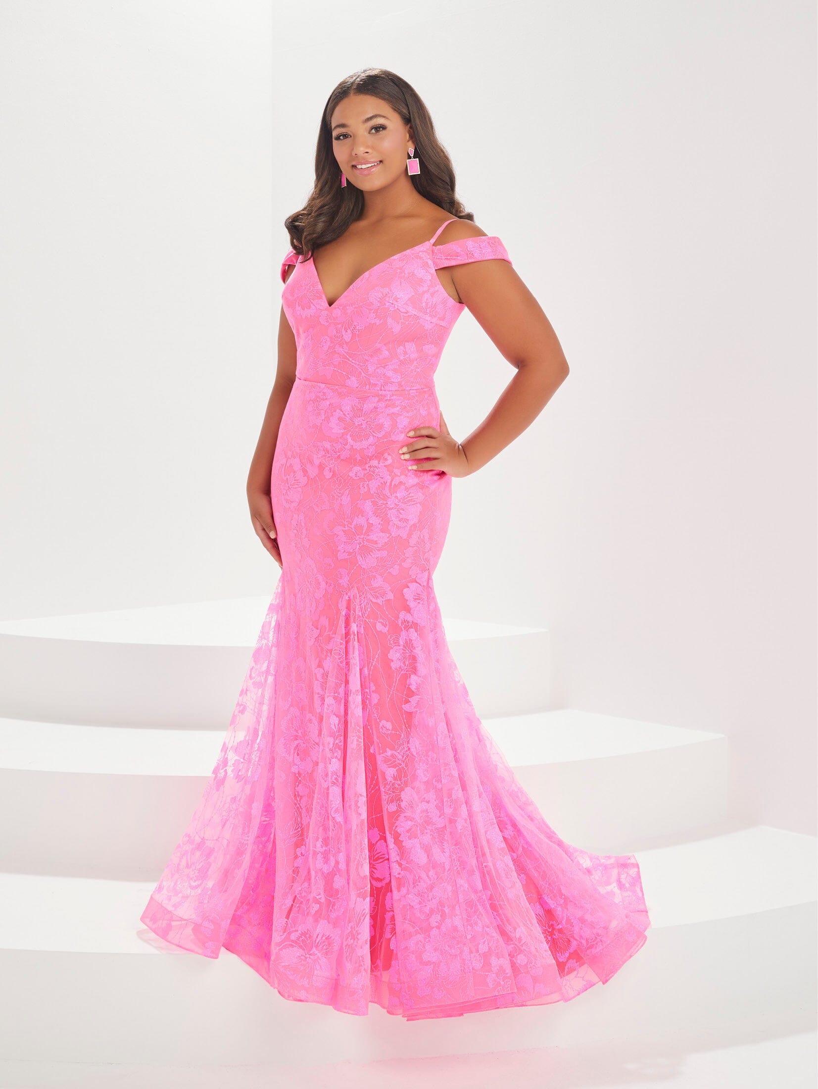 Plus Size Glitter Cold Shoulder Gown by Tiffany Designs 16039 24W / Bright Pink Plus Size Glitter Cold Shoulder Gown by Tiffany Designs 16039 24W / Bright Pink