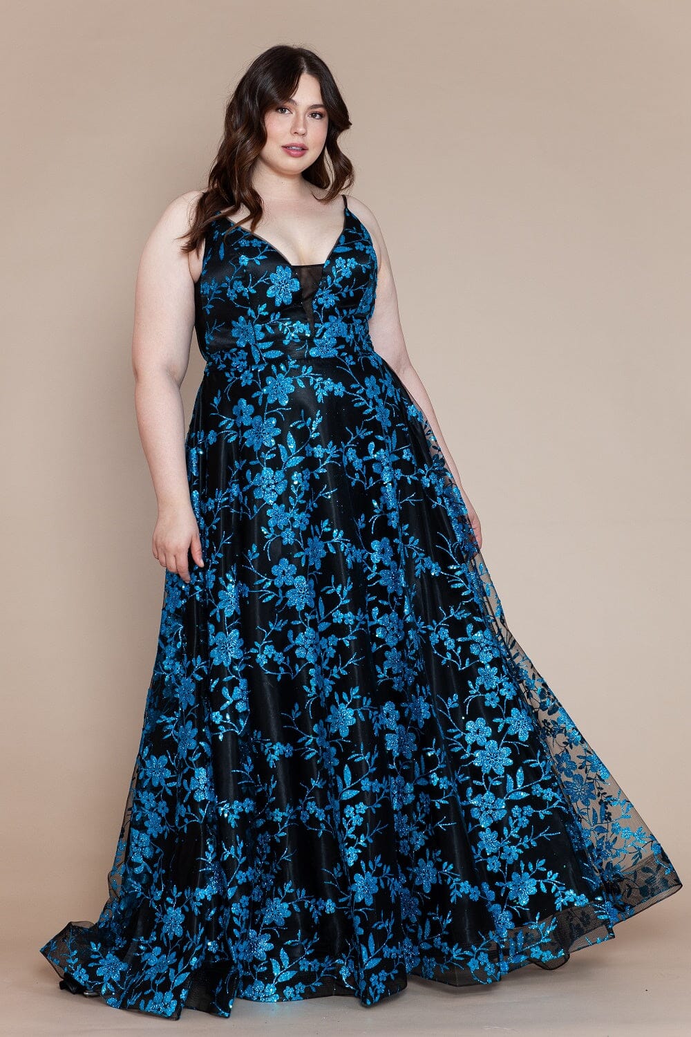 Poly USA W1134 Plus Size Glitter Print Sleeveless A-line Gown | FormalDressShops Black/Turquoise / 14W Poly USA W1134 Plus Size Glitter Print Sleeveless A-line Gown | FormalDressShops Black/Turquoise / 14W