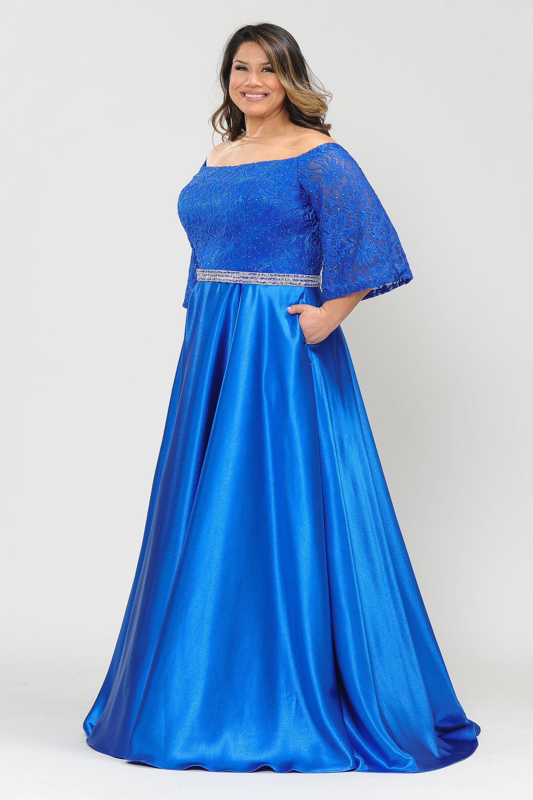 Plus Size Long Off Shoulder Dress with Sleeves by Poly USA W1008