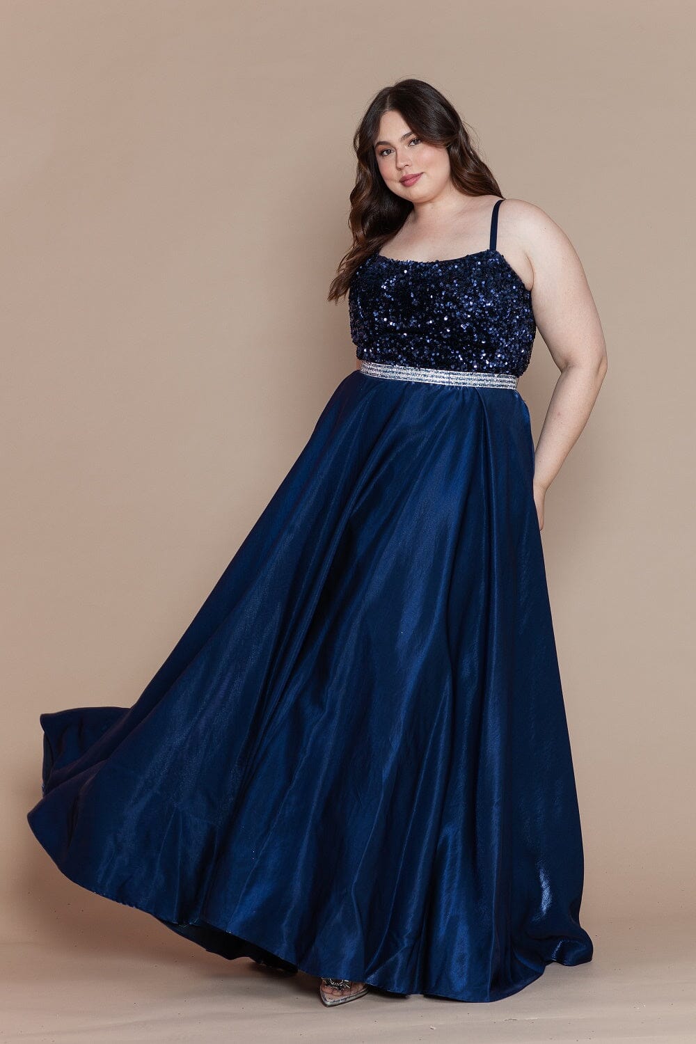 dress with large sequins Plus Size Long Satin Dress with Sequin Bodice by Poly USA W1018 – ABC Fashion