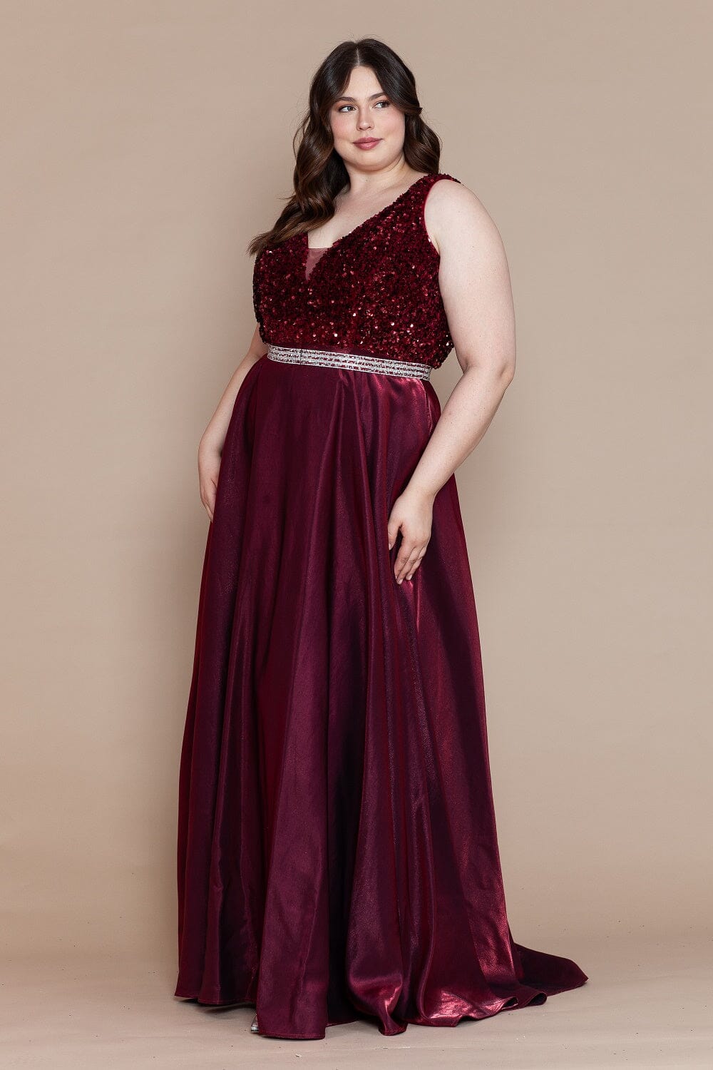 Poly USA W1006 Plus Size Long Sequin Bodice Satin Dress | FormalDressShops Burgundy / 18W Poly USA W1006 Plus Size Long Sequin Bodice Satin Dress | FormalDressShops Burgundy / 18W