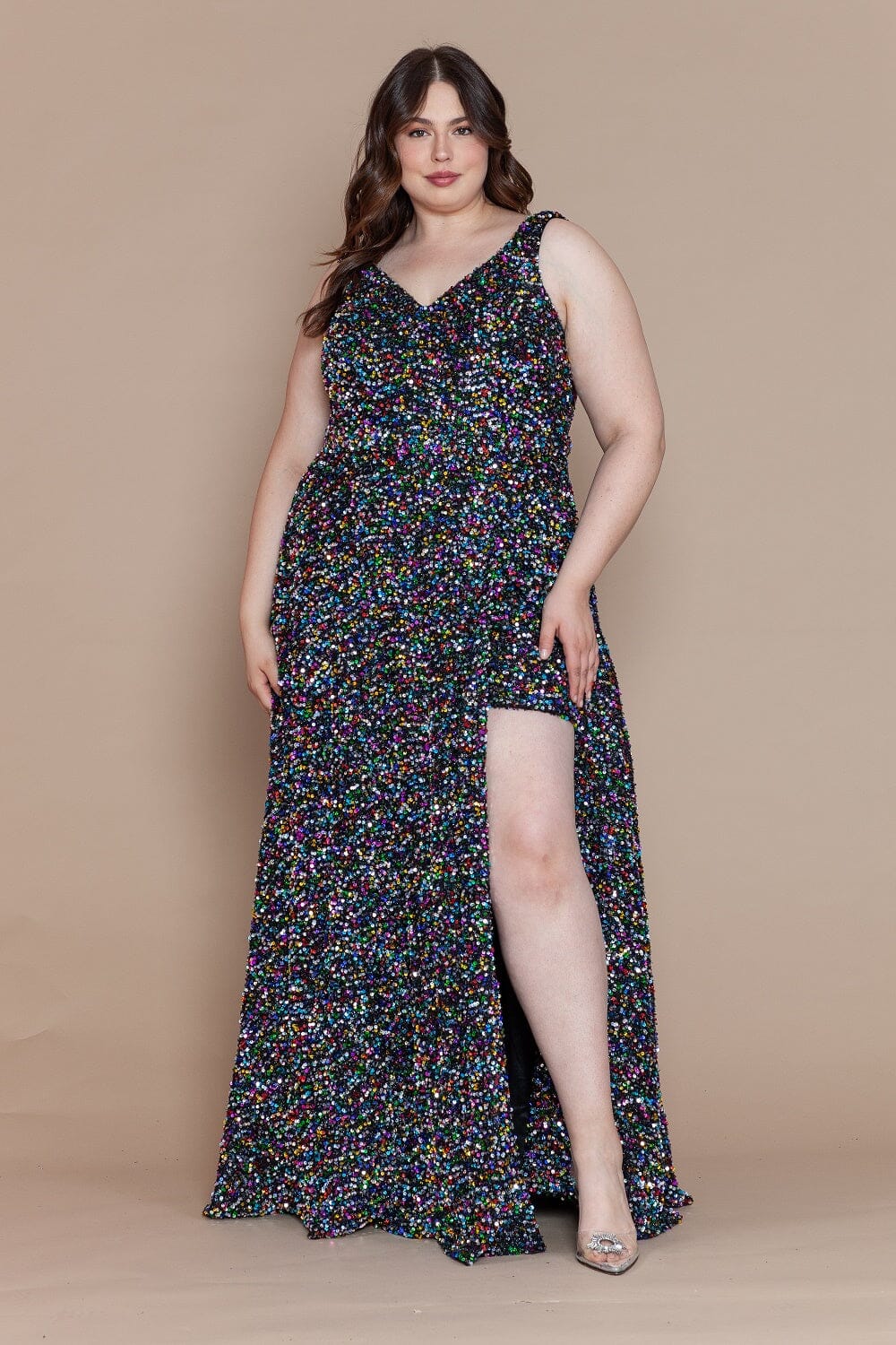 Poly USA W1128 Plus Size Long Sequin V-Neck Dress | FormalDressShops Black/Multi / 16W Poly USA W1128 Plus Size Long Sequin V-Neck Dress | FormalDressShops Black/Multi / 16W