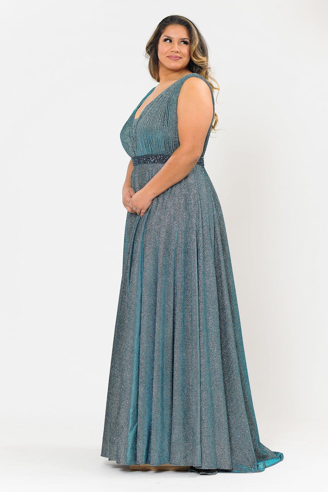 Plus Size Long Sleeveless A-line Glitter Dress by Poly USA W1082