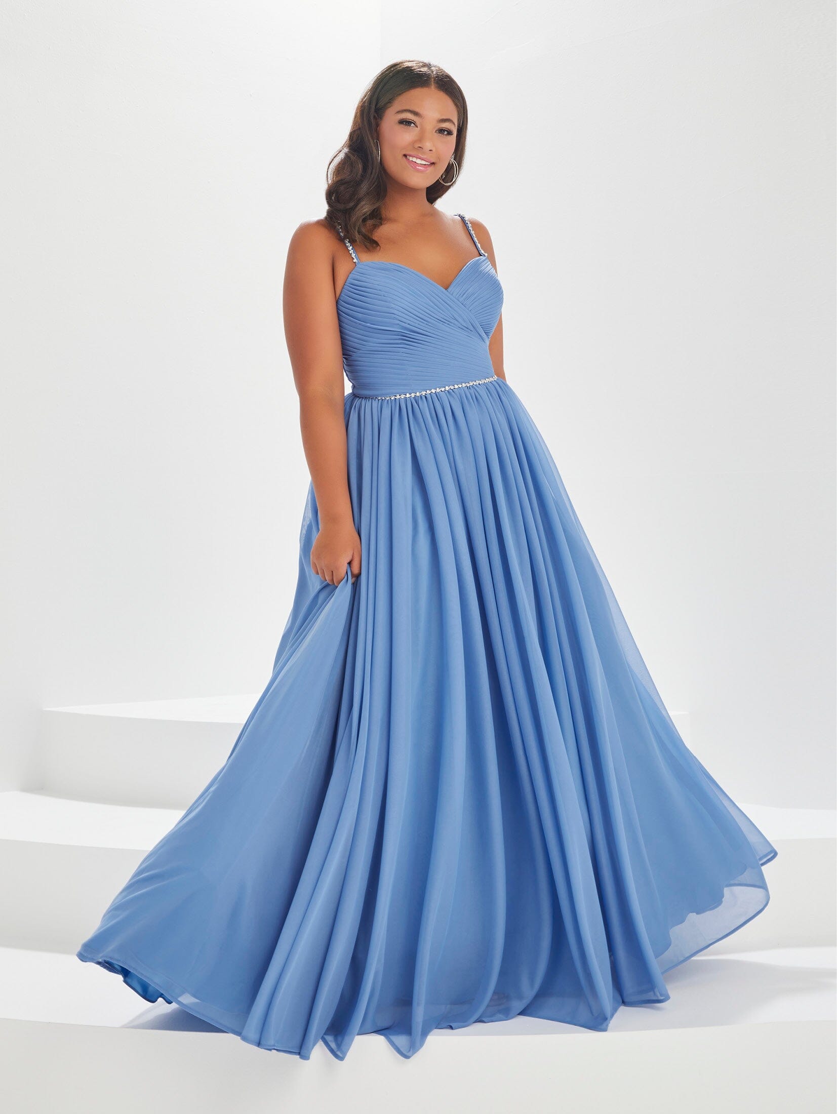 Plus Size Pleated Chiffon Gown by Tiffany Designs 16036 22W / Ocean Blue