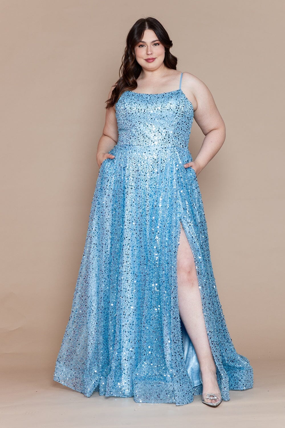 Poly USA W1142 Plus Size Sequin Sleeveless A-line Slit Gown | FormalDressShops Blue / 20W Poly USA W1142 Plus Size Sequin Sleeveless A-line Slit Gown | FormalDressShops Blue / 20W