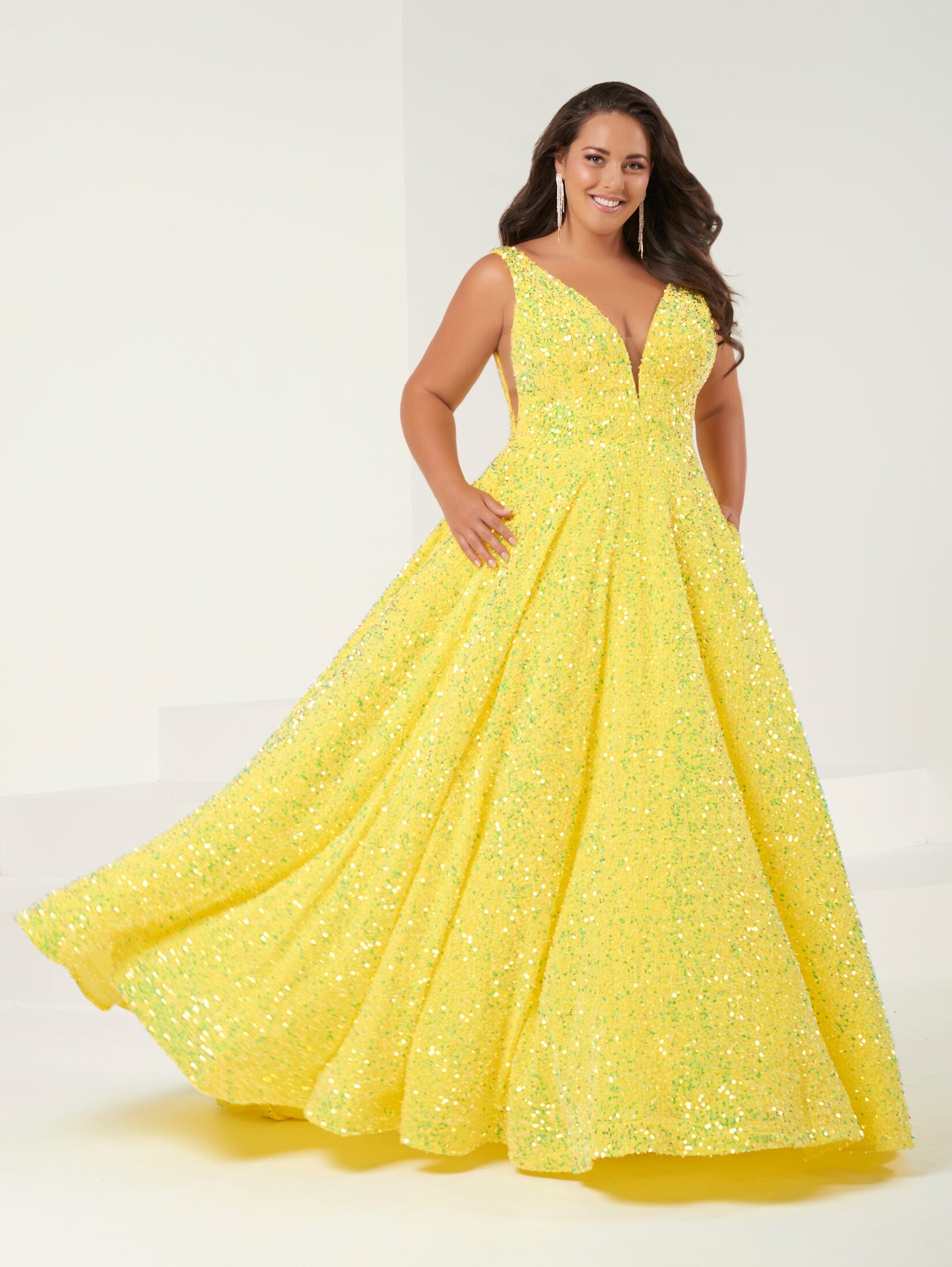 Plus Size Velvet Sequin A-Line Gown by Tiffany Designs 16963 26W / Yellow Plus Size Velvet Sequin A-Line Gown by Tiffany Designs 16963 26W / Yellow