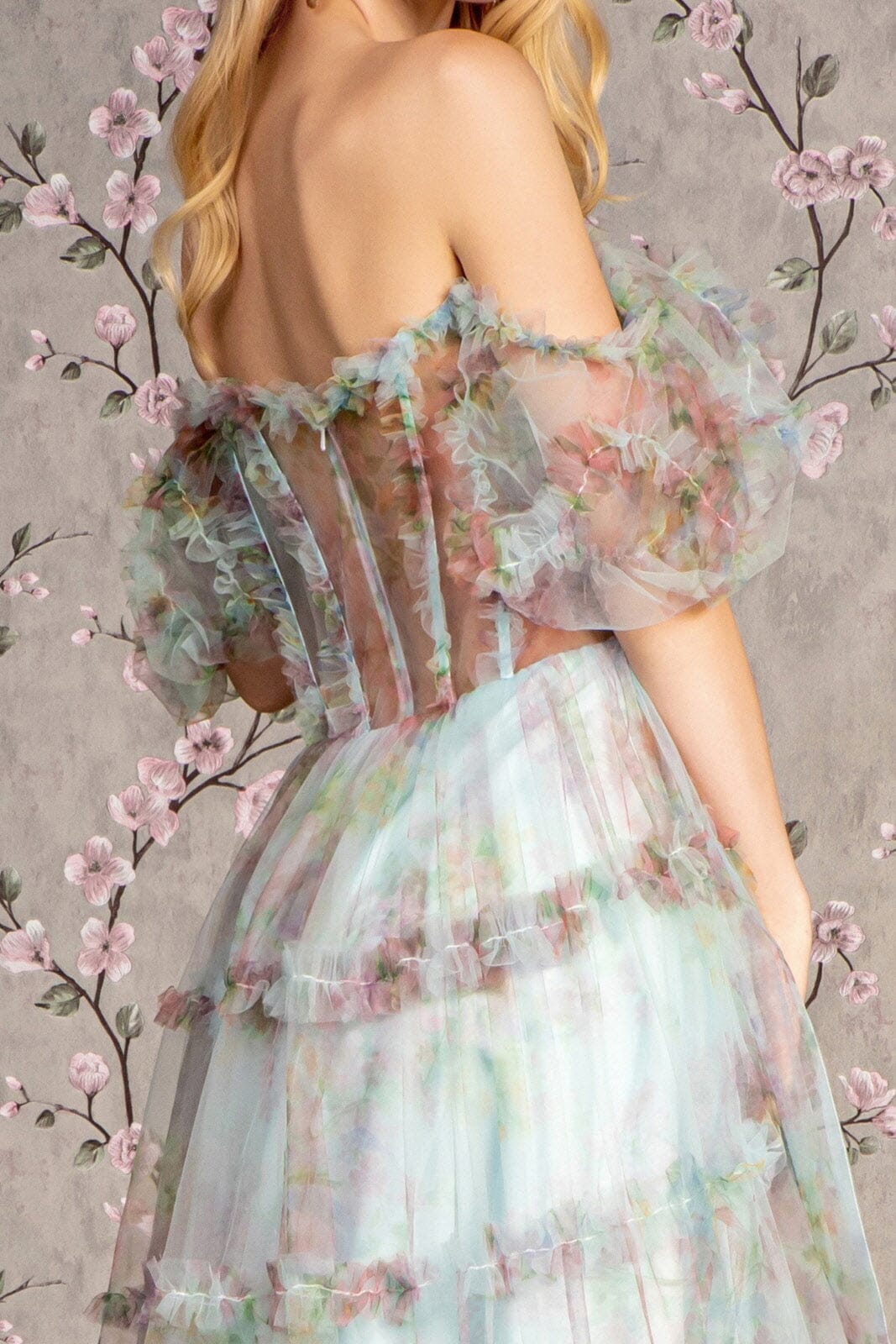 Print Off Shoulder Ruffled A-line Gown by GLS Gloria GL3394