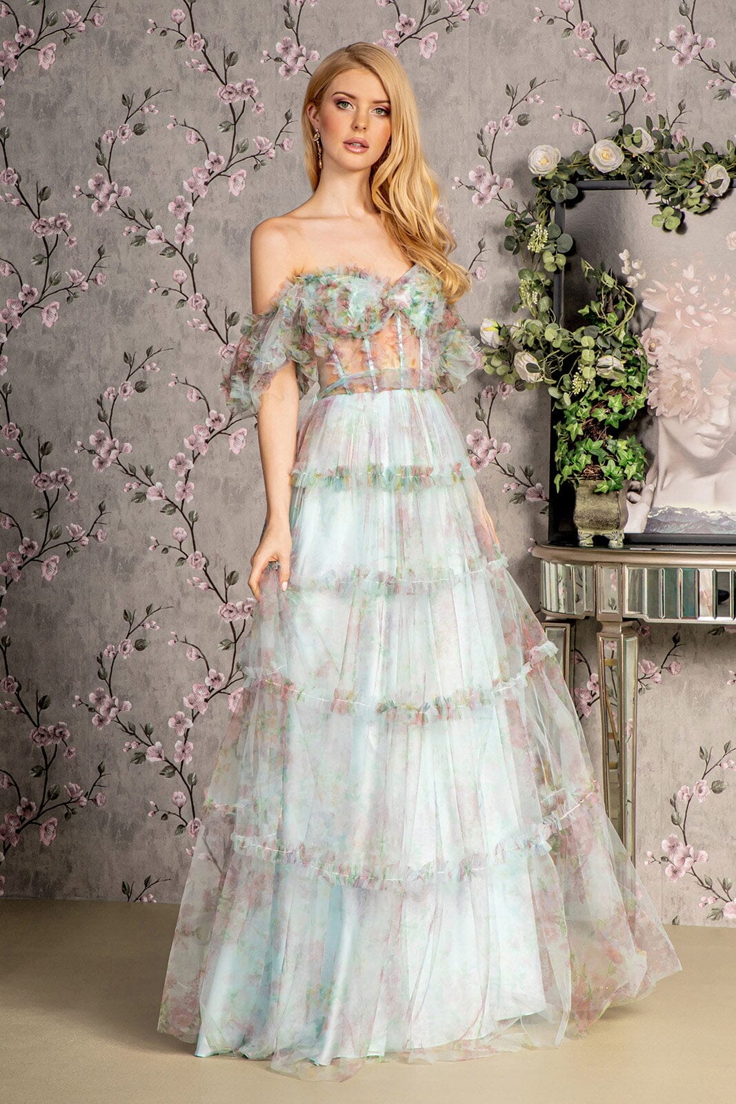 Print Off Shoulder Ruffled A-Line Gown by GLS Gloria GL3394 XL / Blue Print Off Shoulder Ruffled A-Line Gown by GLS Gloria GL3394 XL / Blue